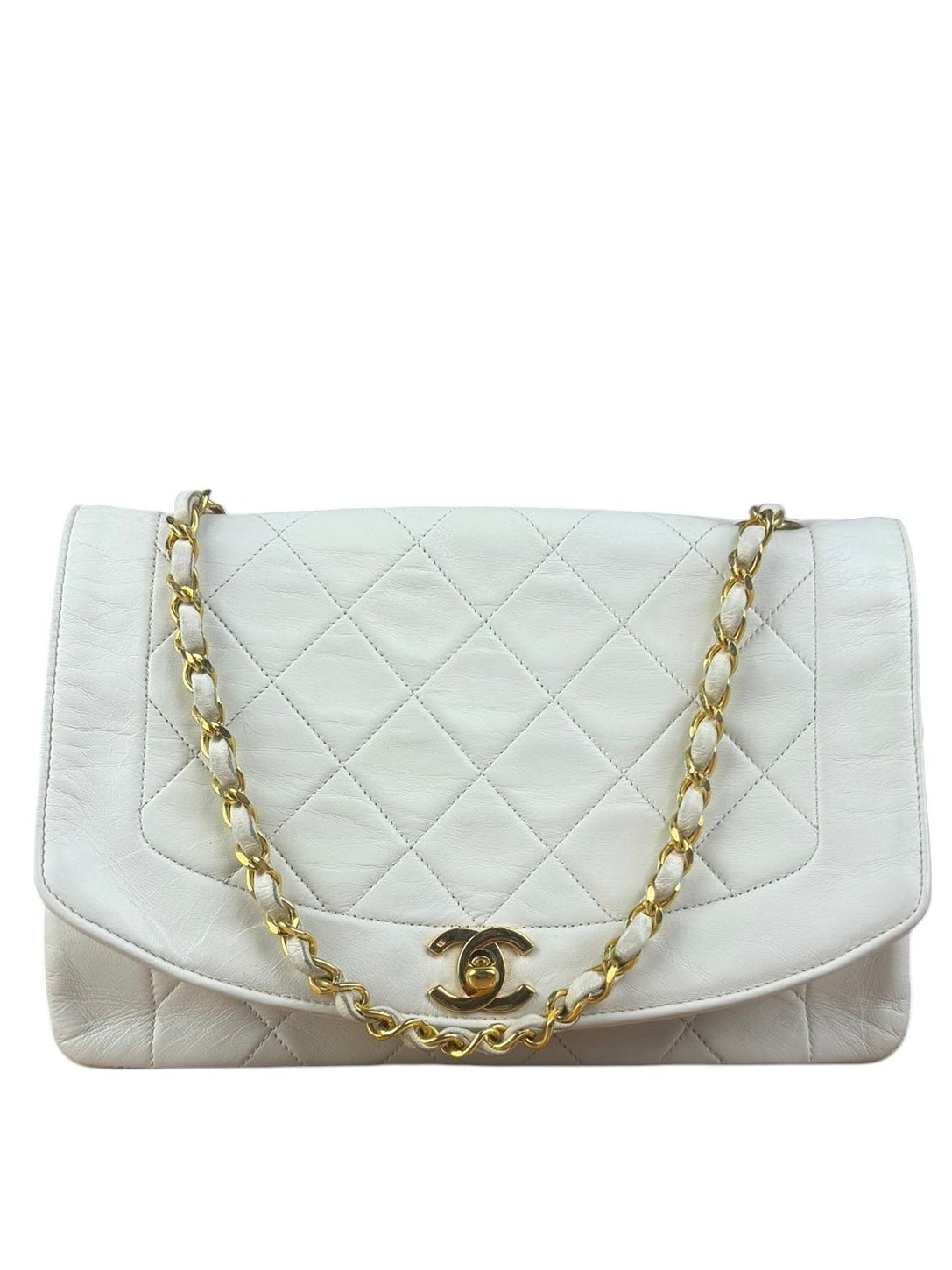 Chanel Vintage White Leather Diana Flap Shoulder Bag 1989