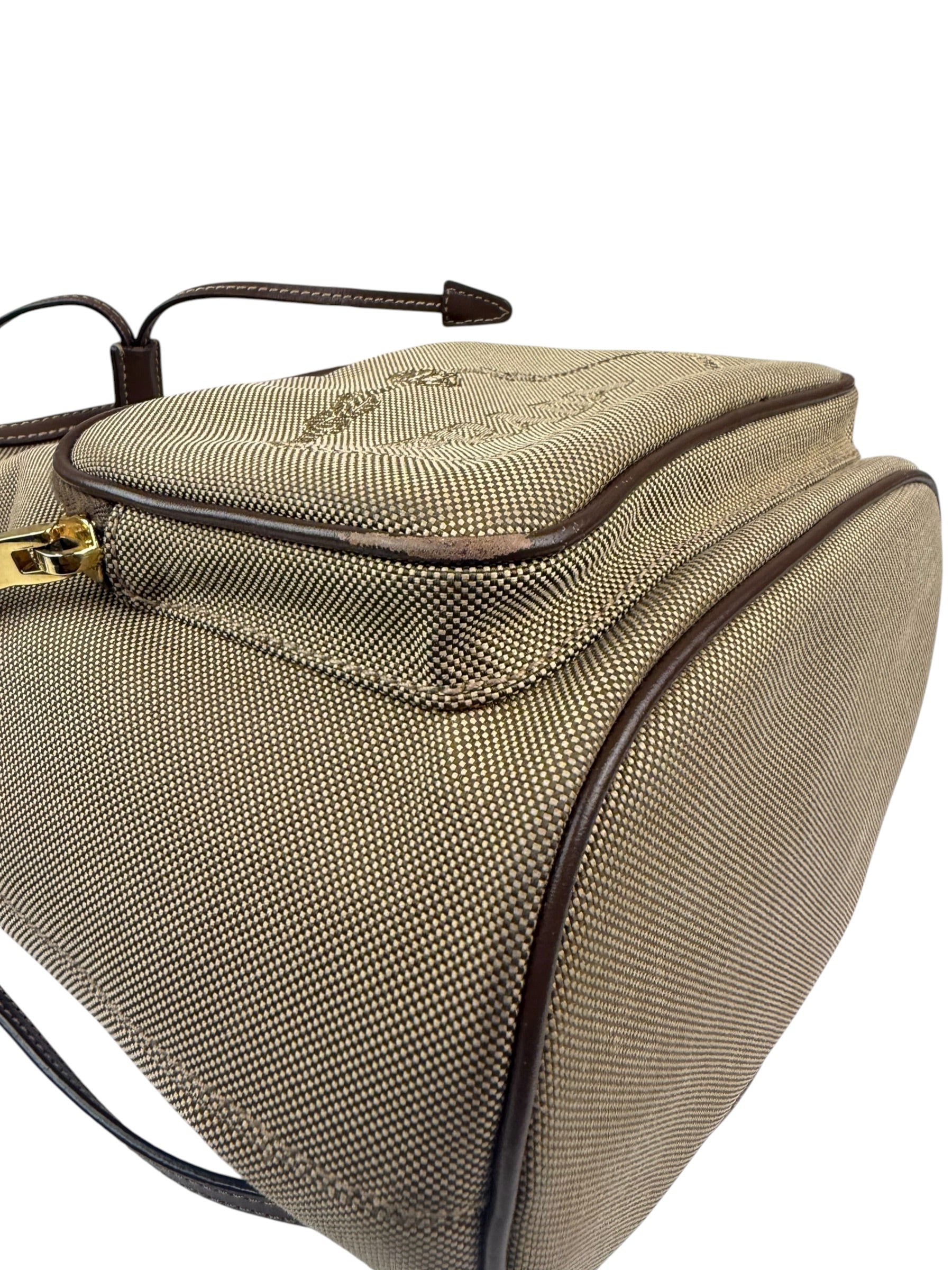 Prada Tan Beige Leather Trim Jaquard Canvas Bucket Bag