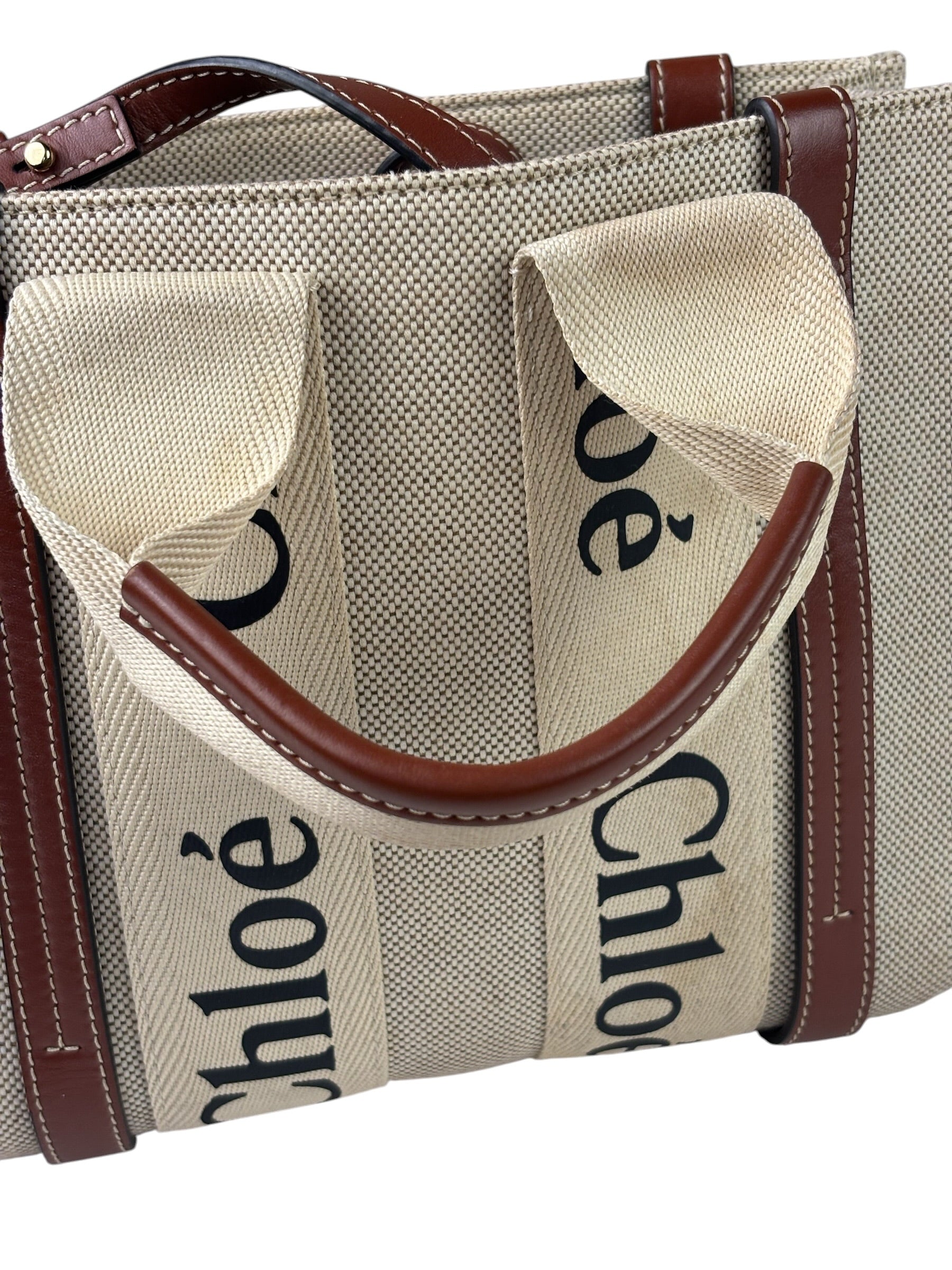 Chloe Beige/Brown Leather Trim Small Woody Two-Way Tote