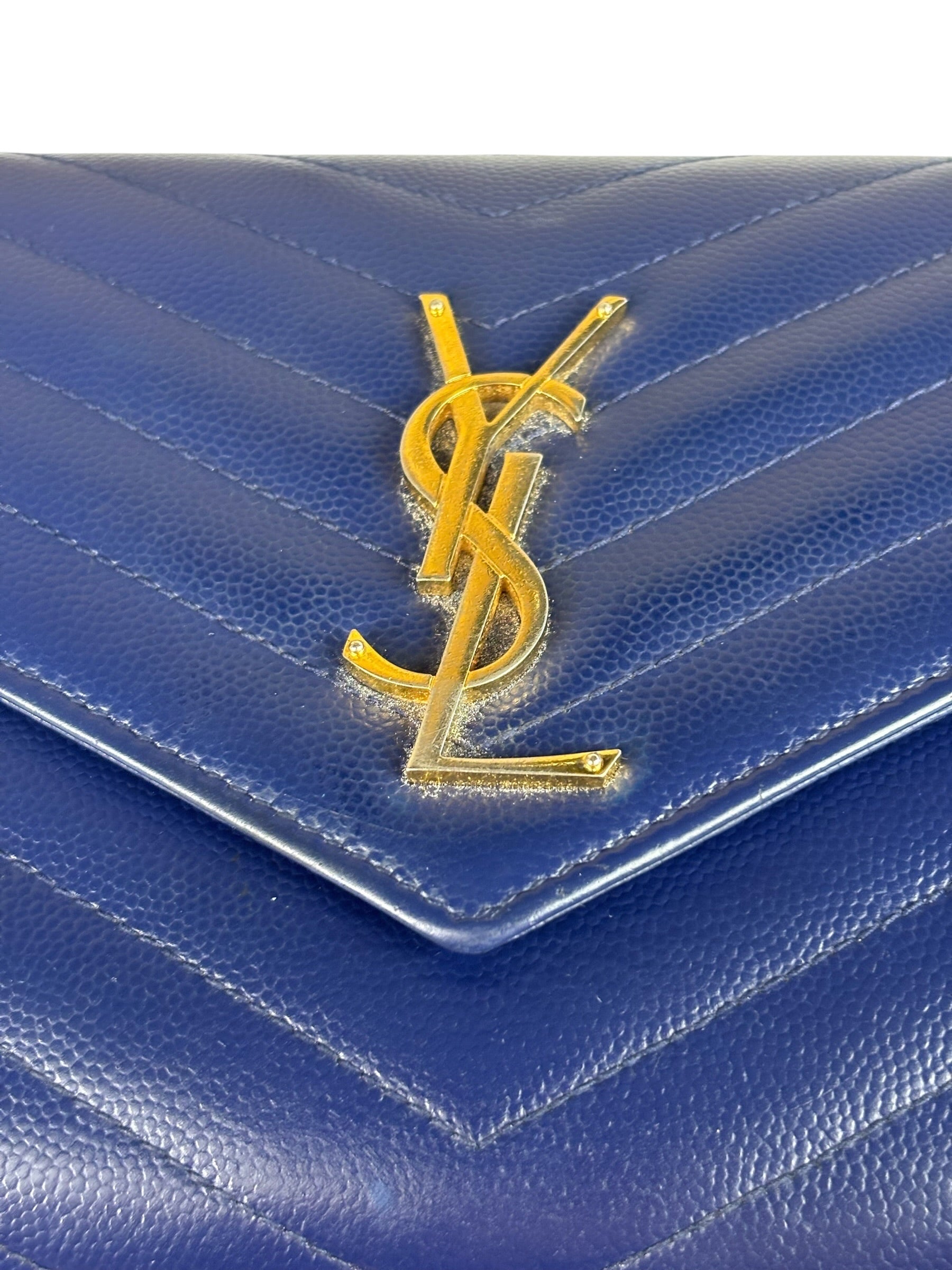 YSL Navy Blue Chevron Leather Cassandre Envelope Wallet On Chain