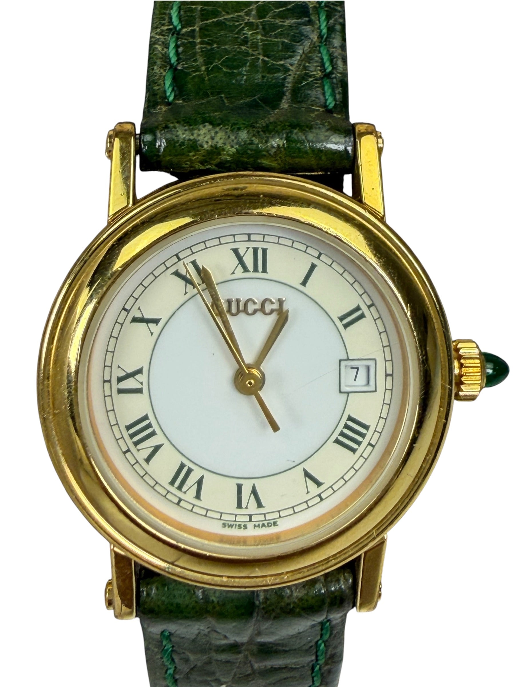 Gucci 7200L White Roman Dial Green Croc Strap