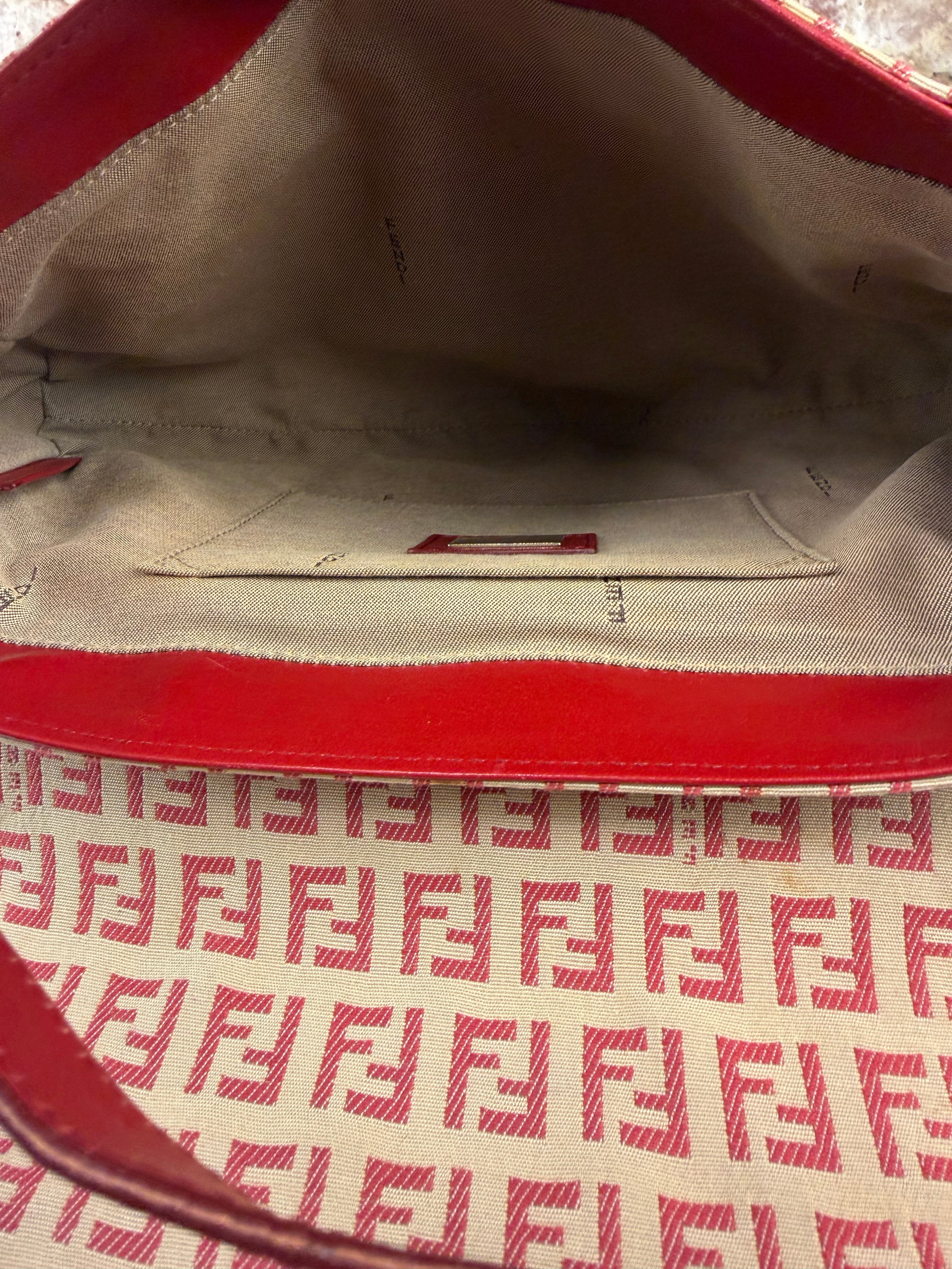 Fendi Red Leather Trim Zucca Compliation Shoulder Bag