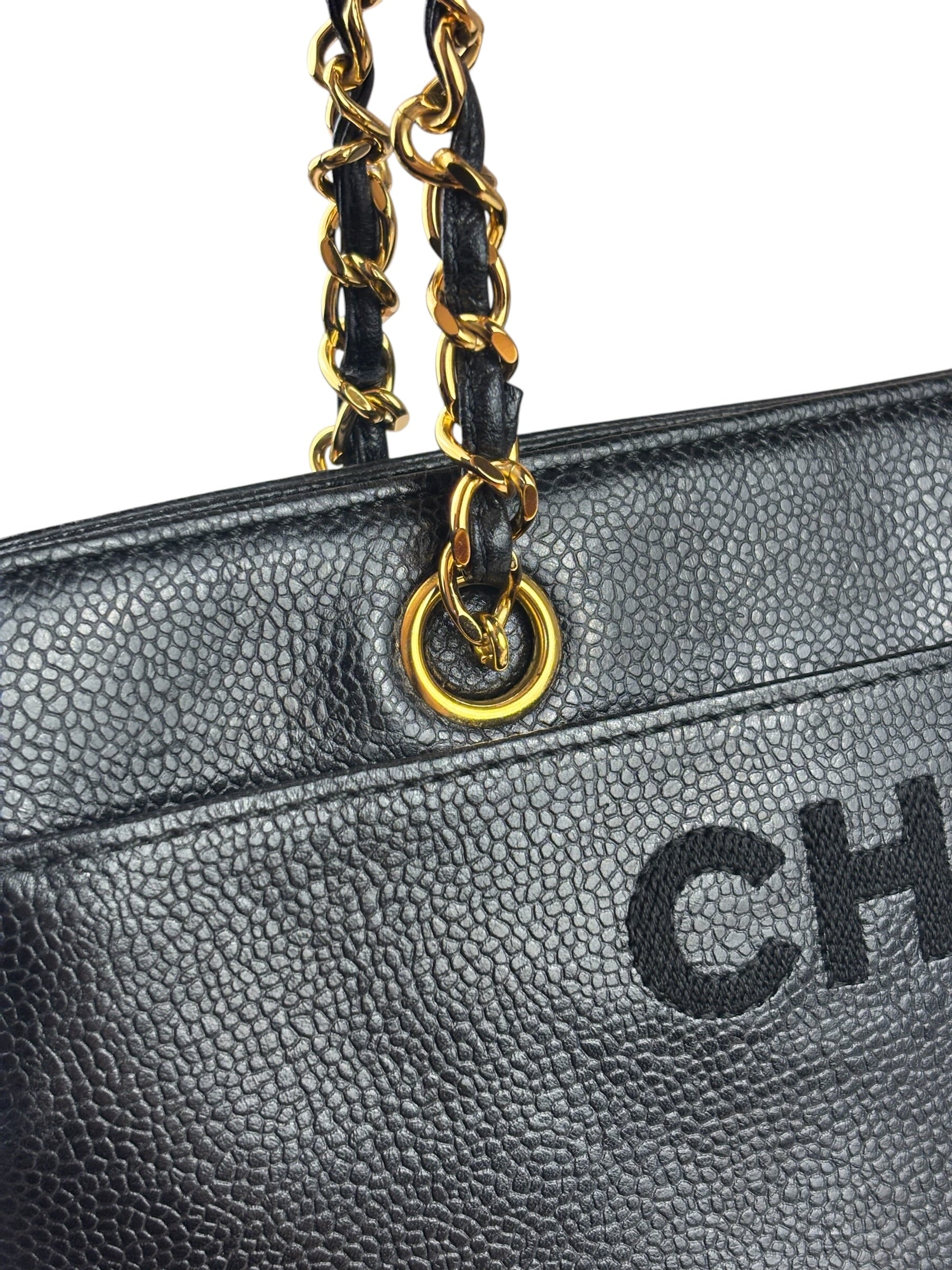 Chanel Vintage Black Caviar Leather Timeless Chain Shoulder Tote 1998