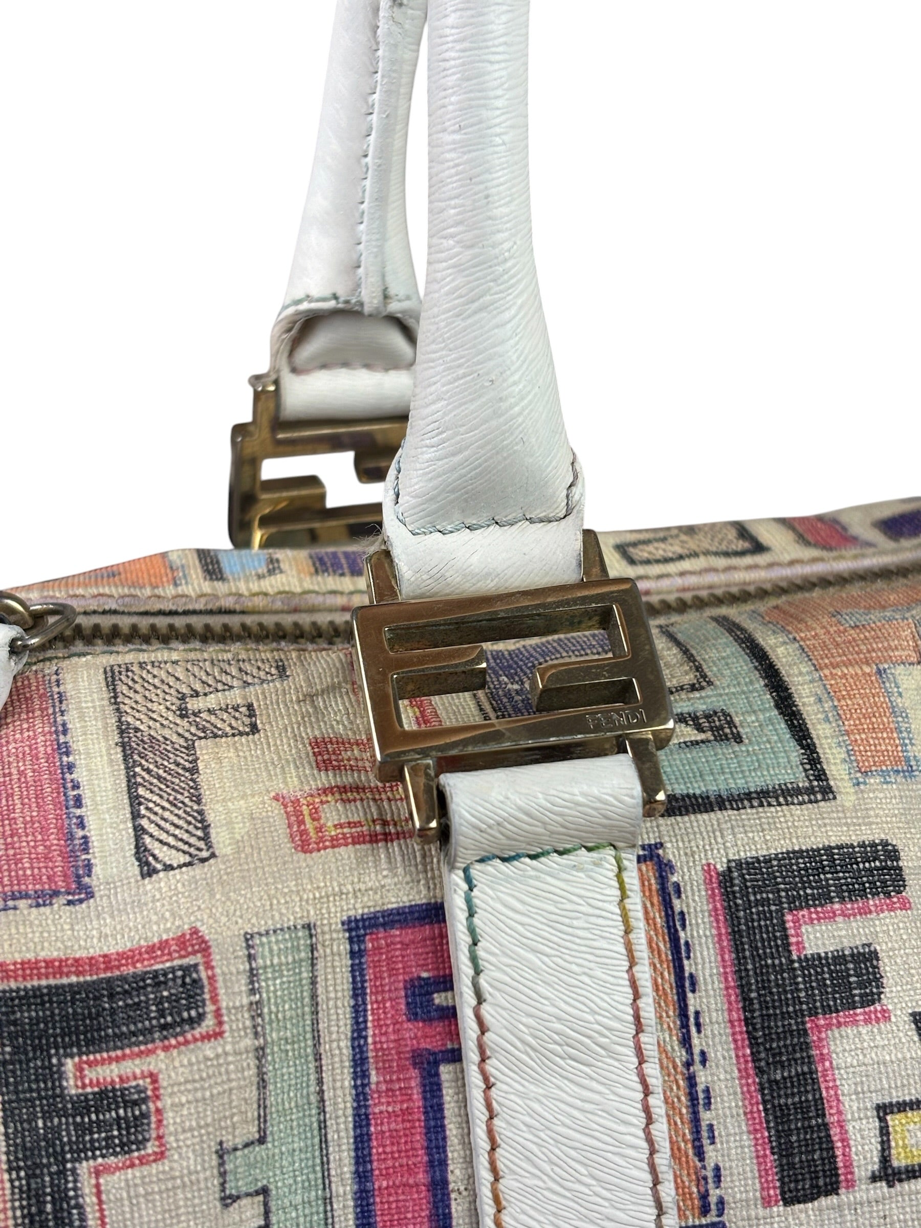 Fendi Beige Leather Multicolor Zucca Forever Boston Bag