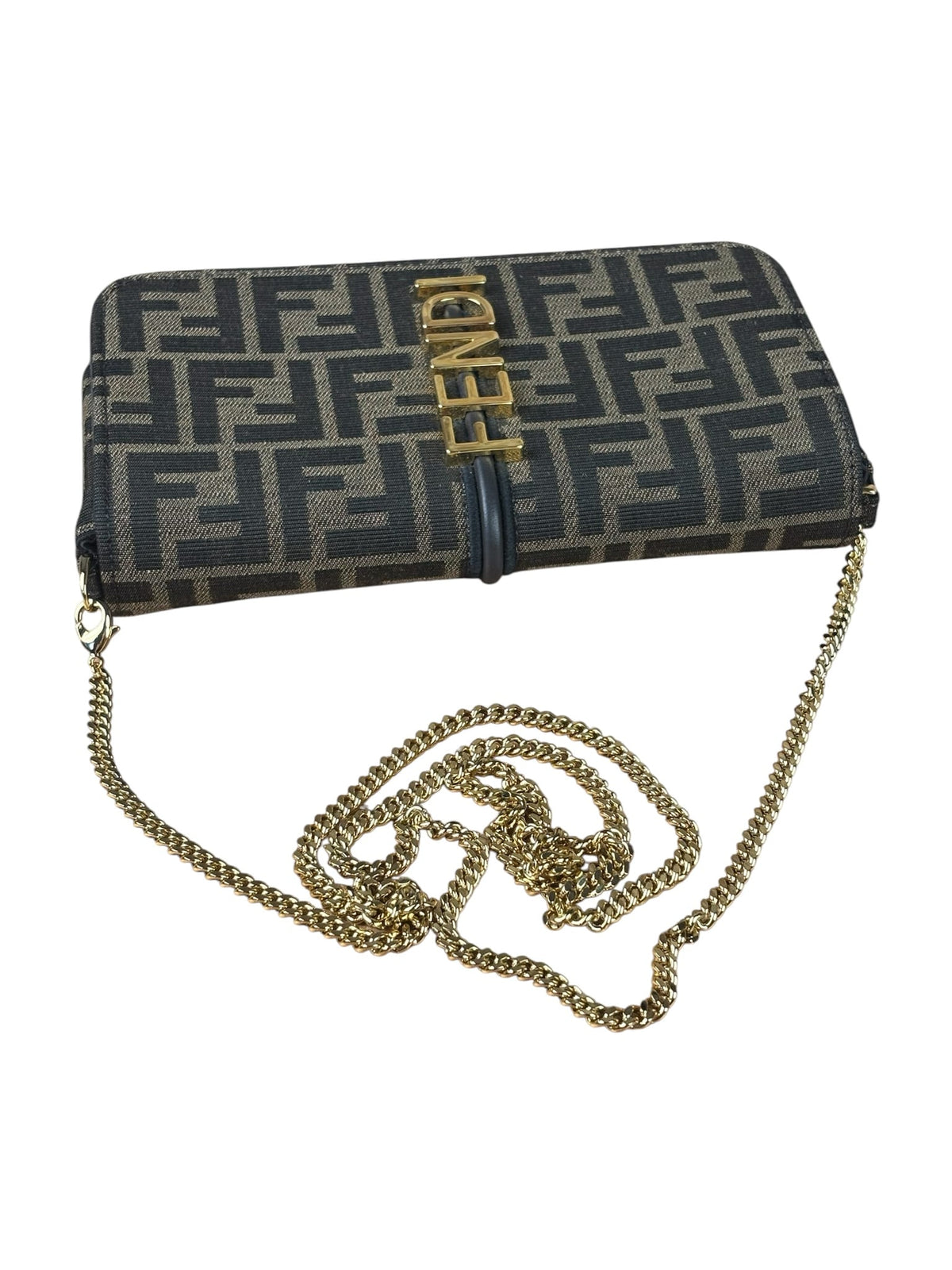 Fendi Brown Leather Trim Zucca Jacquard Fendigraphy Wallet On Chain