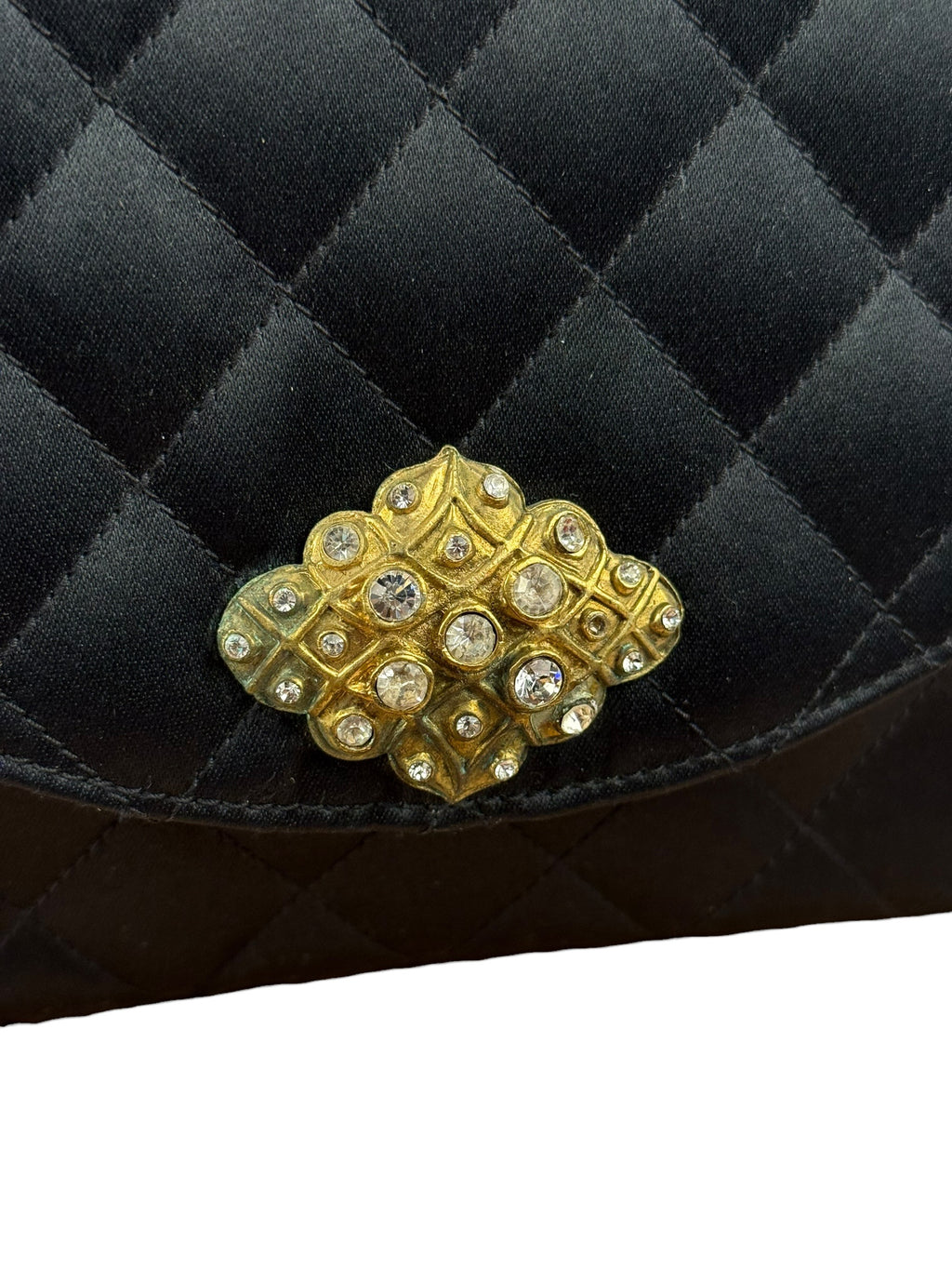 Chanel Black Quilted Satin Gripoix Pearl Flap Bag 1986