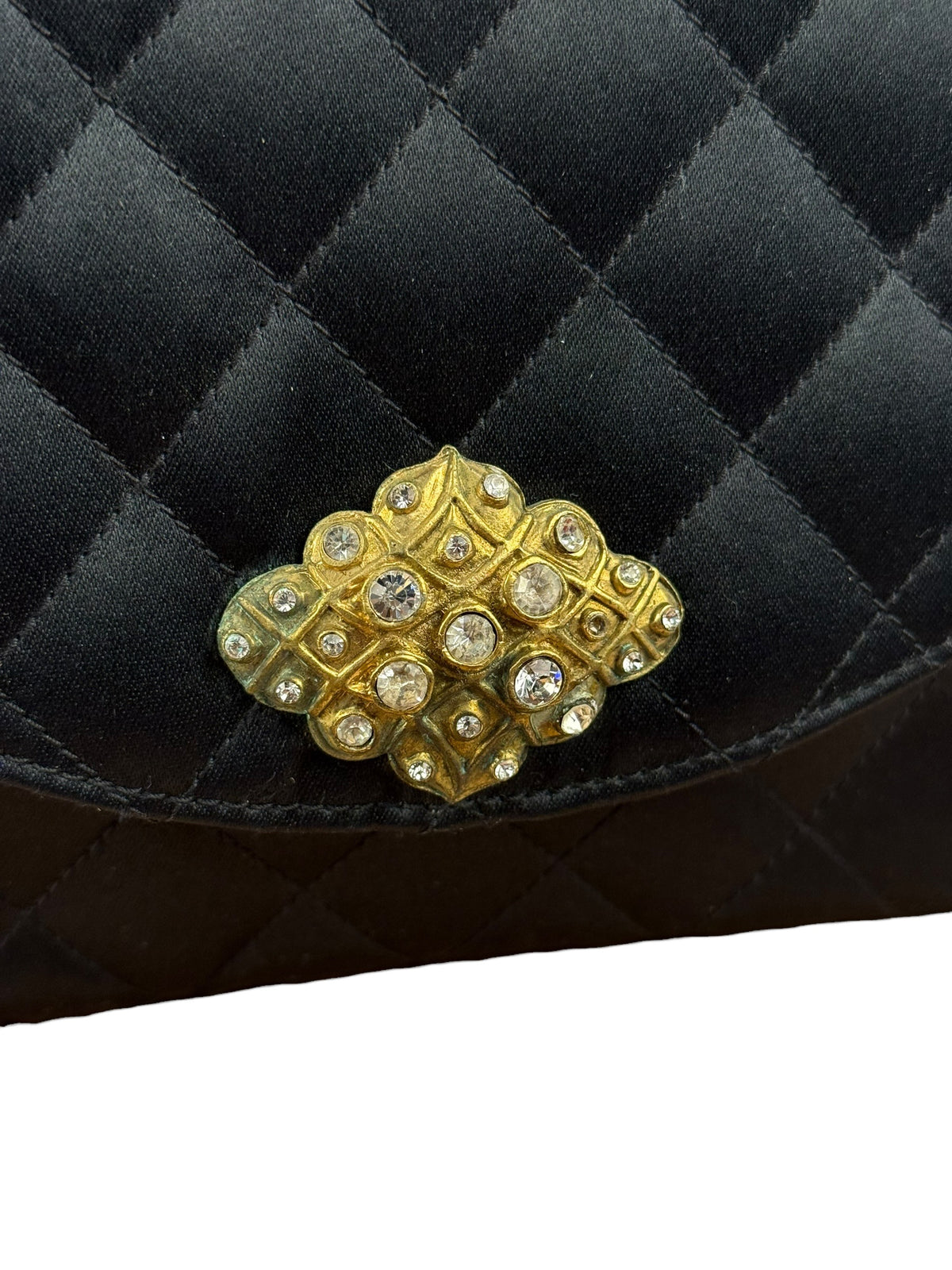 Chanel Black Quilted Satin Gripoix Pearl Flap Bag 1986