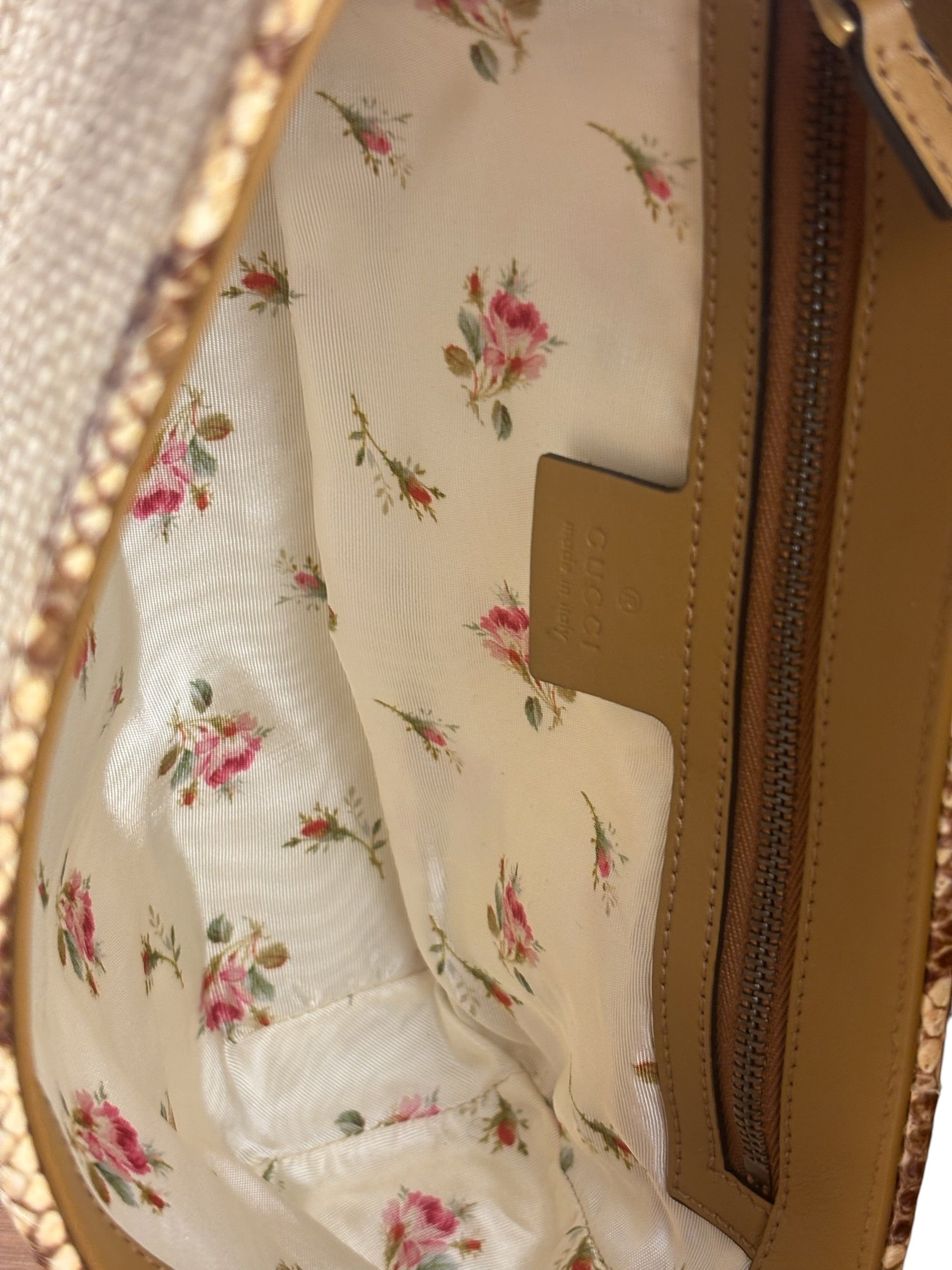 Gucci GG Beige Raffia Marmont Snakeskin Trim Flap Bag