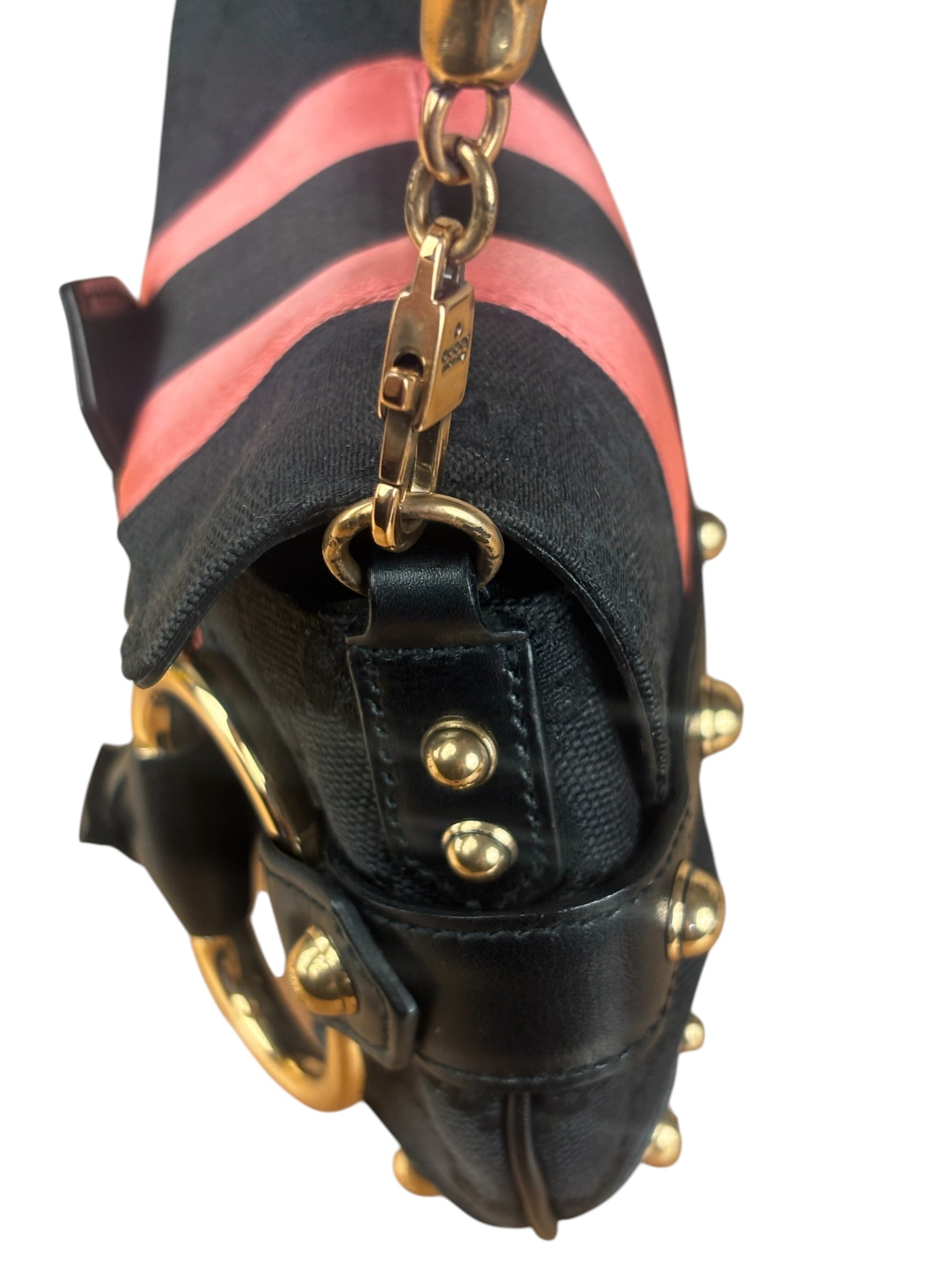 Gucci GG Black/Pink Canvas Horsebit Chain Shoulder Bag