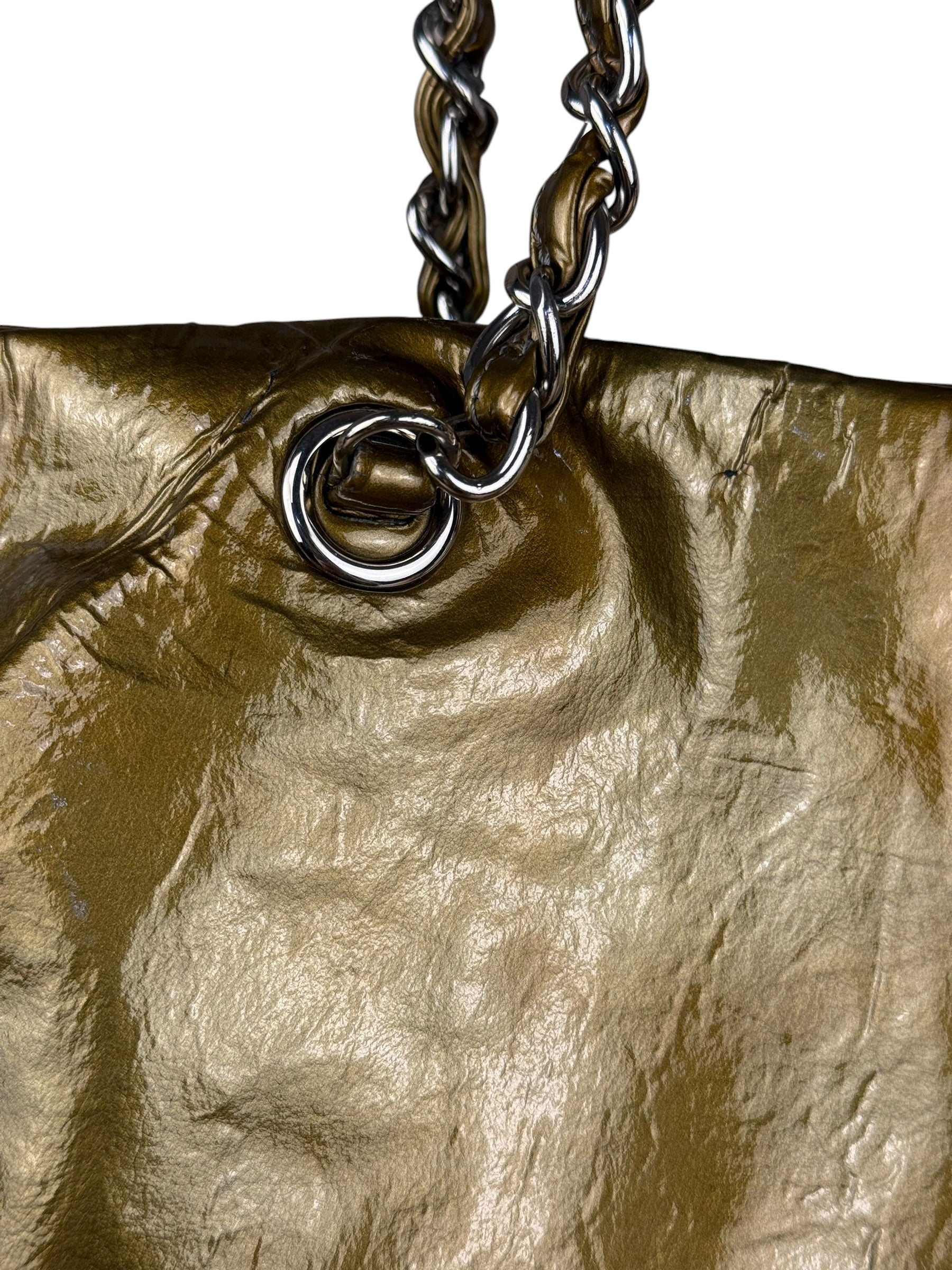 Chanel CC Green Metallic Patent Leather BonBon Chain Cinch Tote 2008