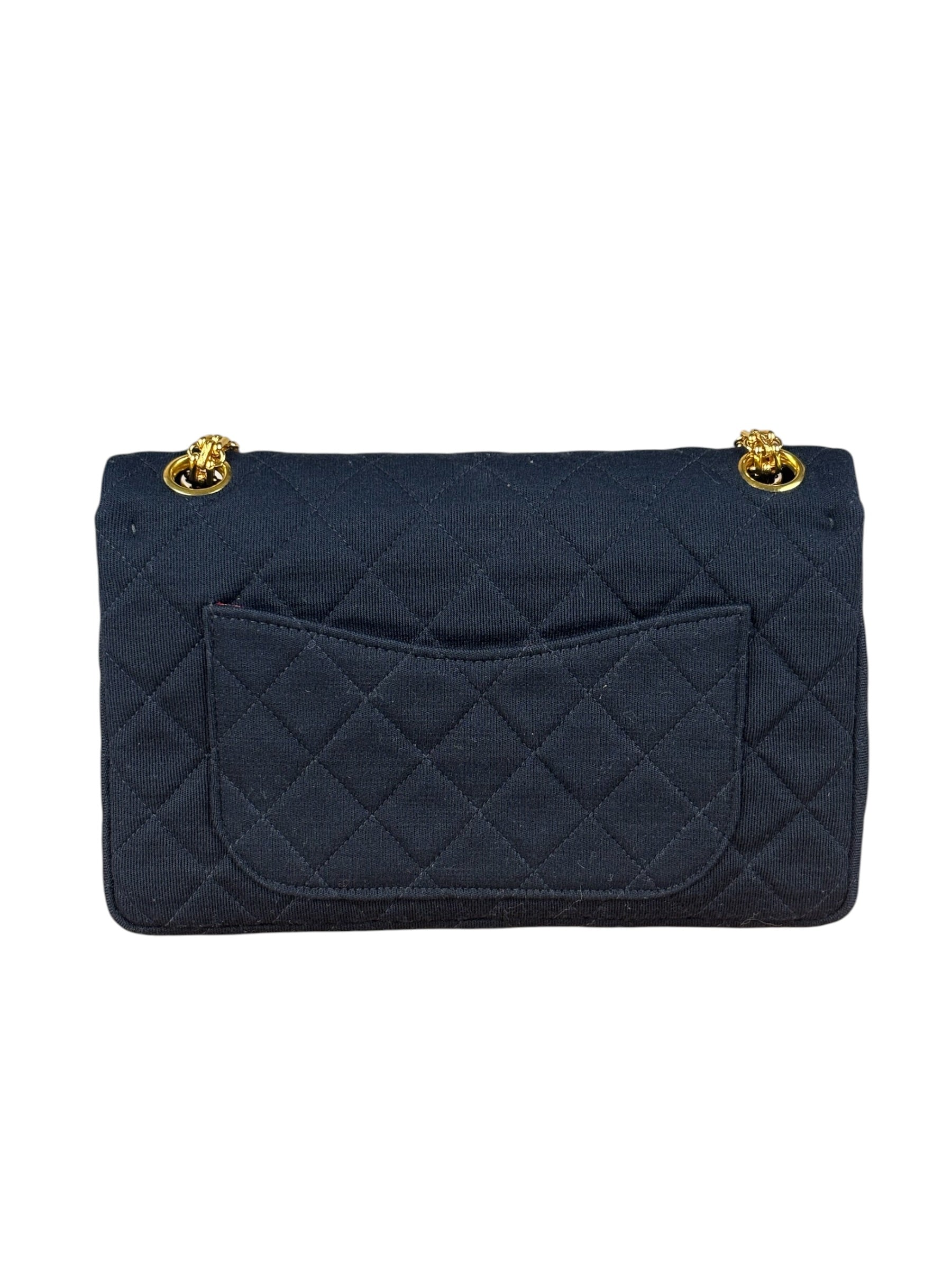 Chanel Navy Blue Cotton Jersey Classic Double Flap Shoulder Bag