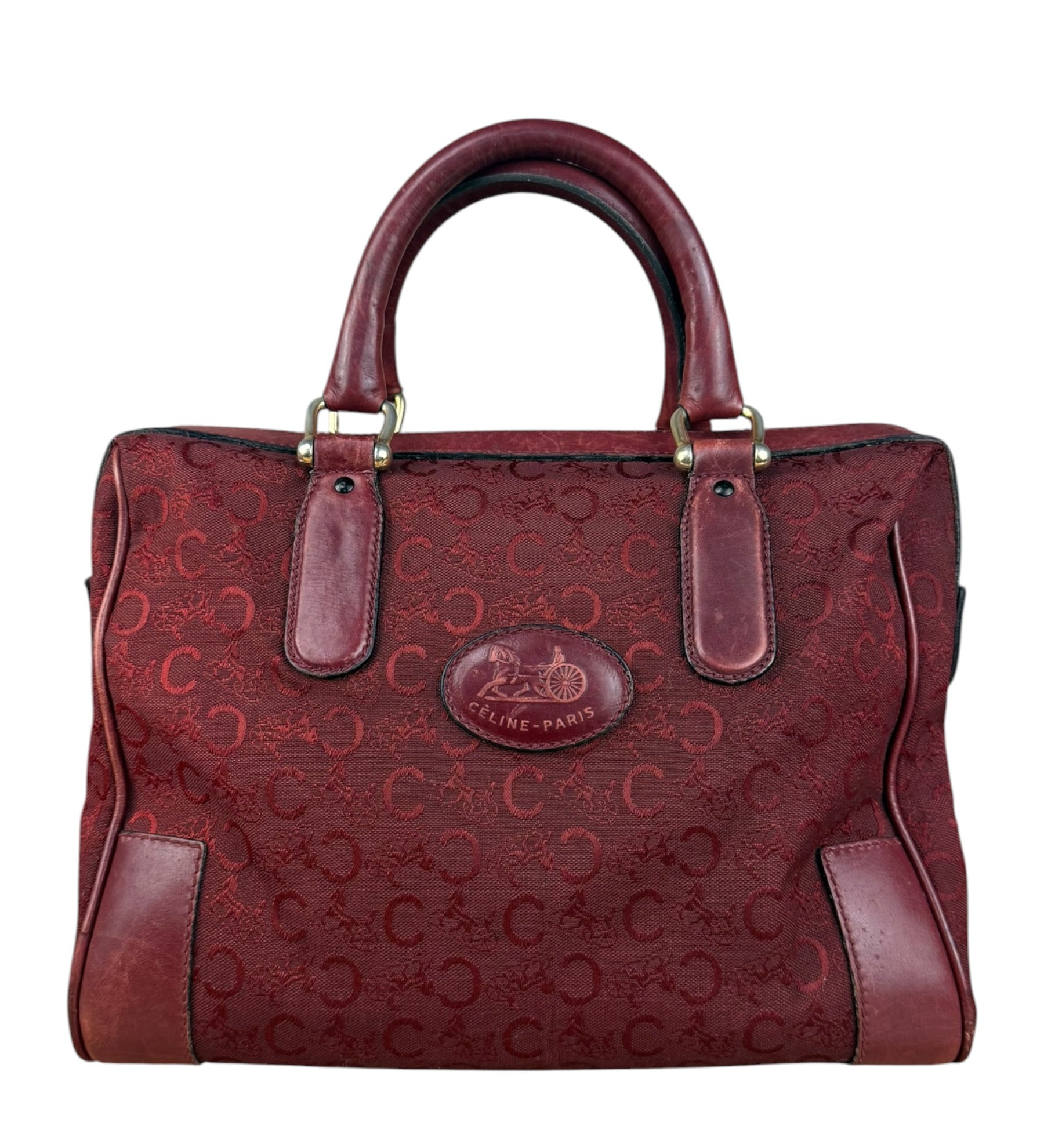 Celine Vintage Burgundy Macadam Print Mini Boston Handbag