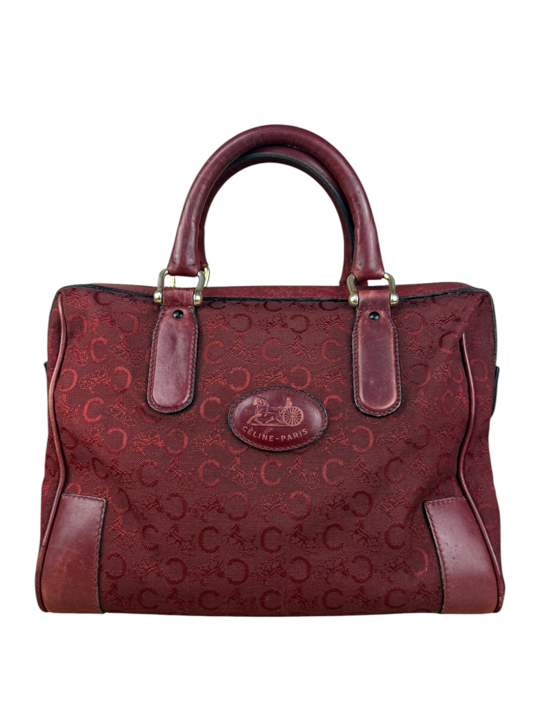 Celine Vintage Burgundy Macadam Print Mini Boston Handbag