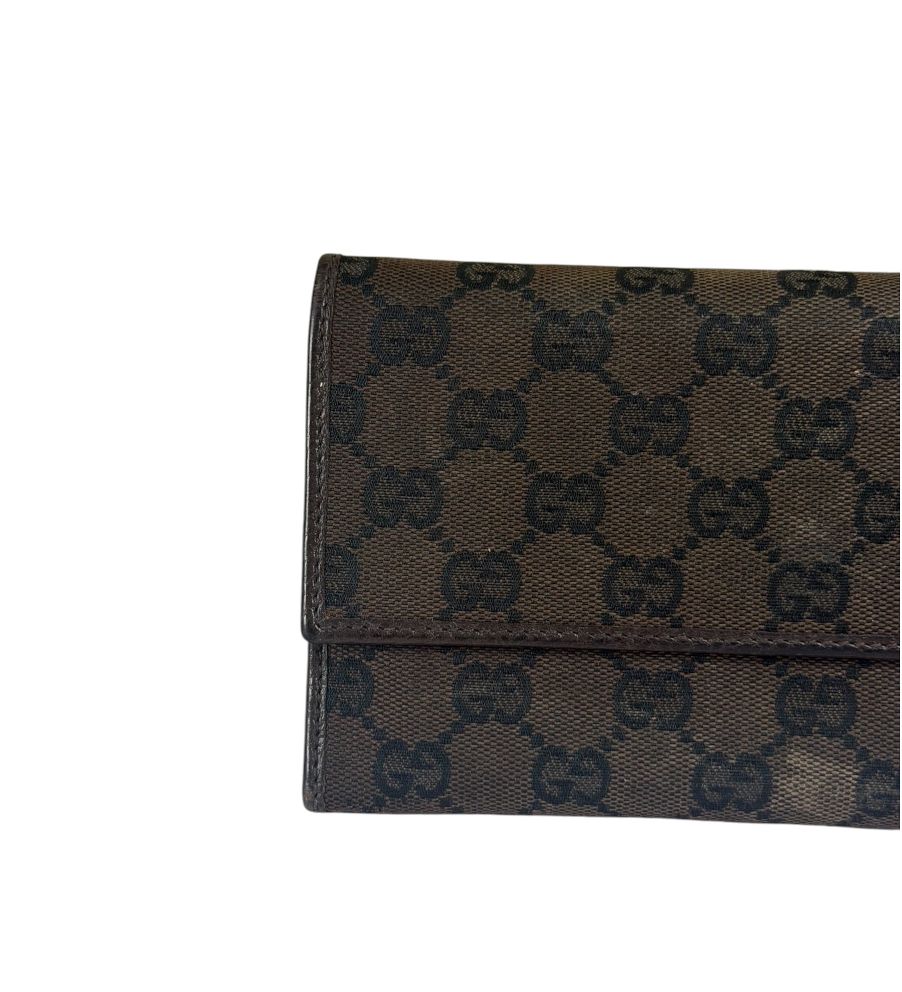 Gucci Brown Leather Trim GG TriFold Long Wallet