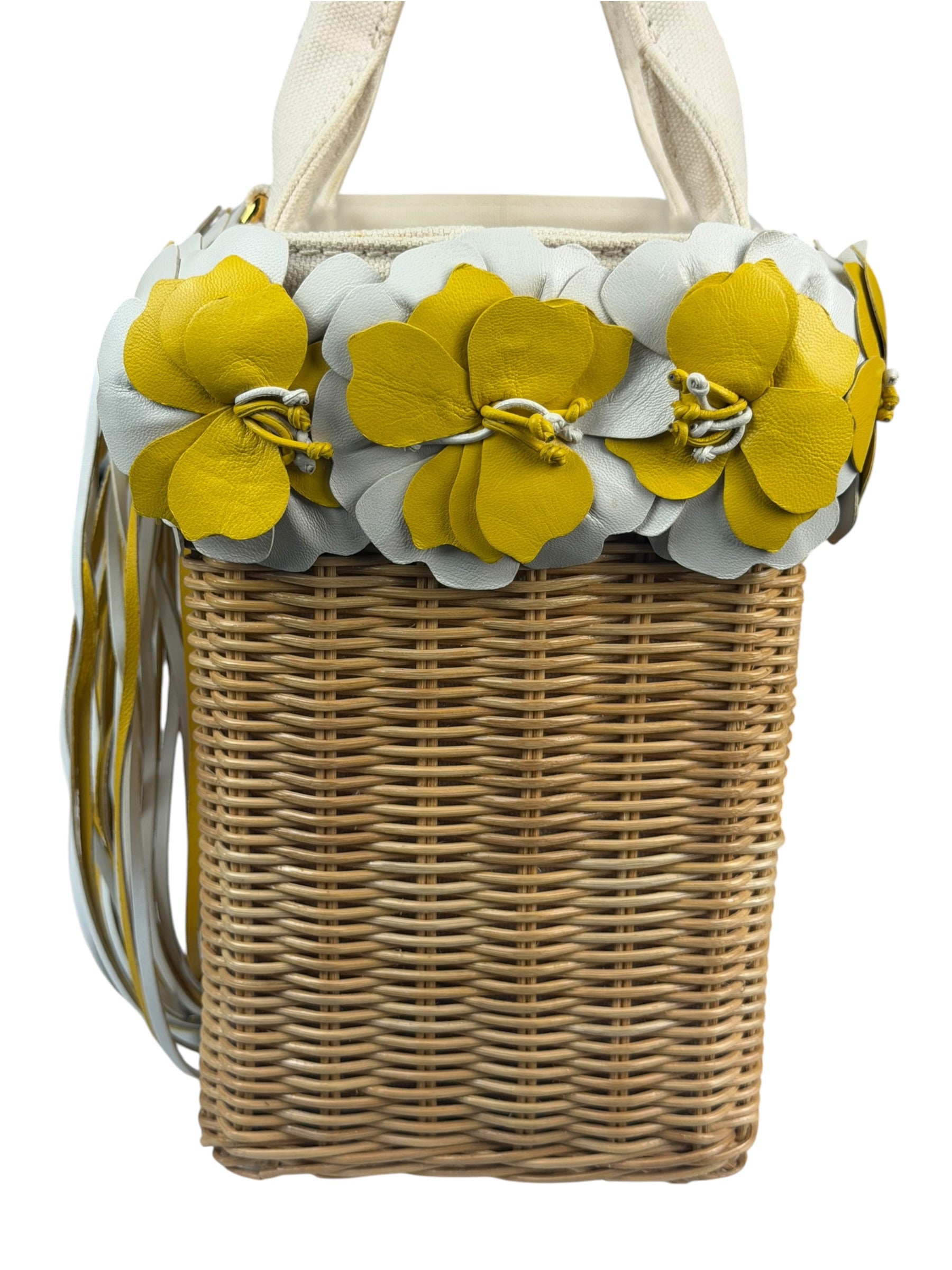 Prada Midollino Leather Trim Wicker Canvas Flower Basket