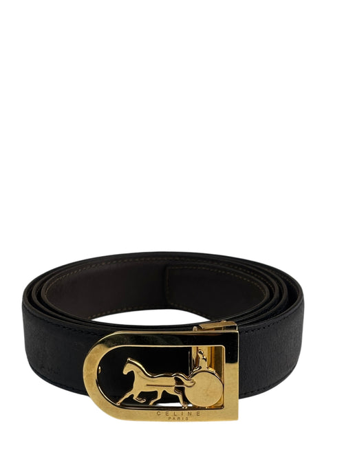 Celine Black Leather Horse & Carriage Buckle Belt
