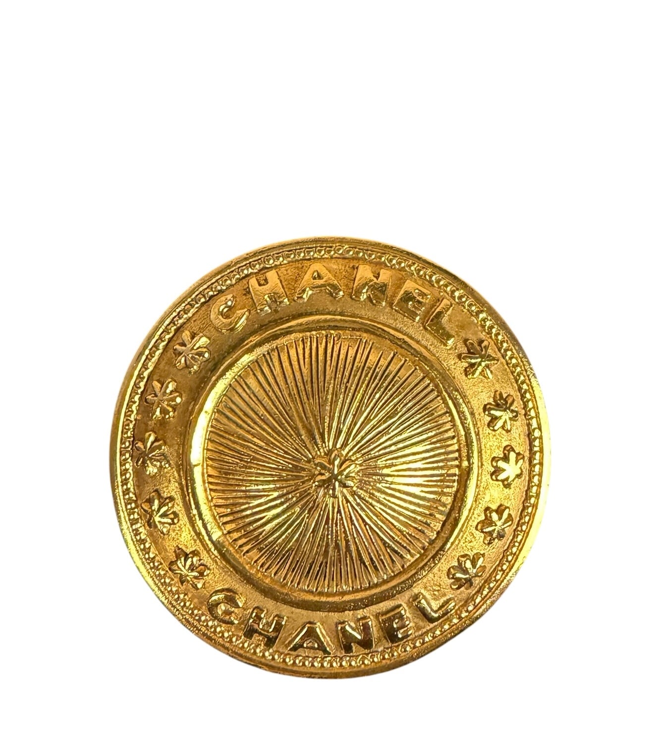 Chanel Vintage Gilded Sunburst Medalliion Button Brooch 1980s