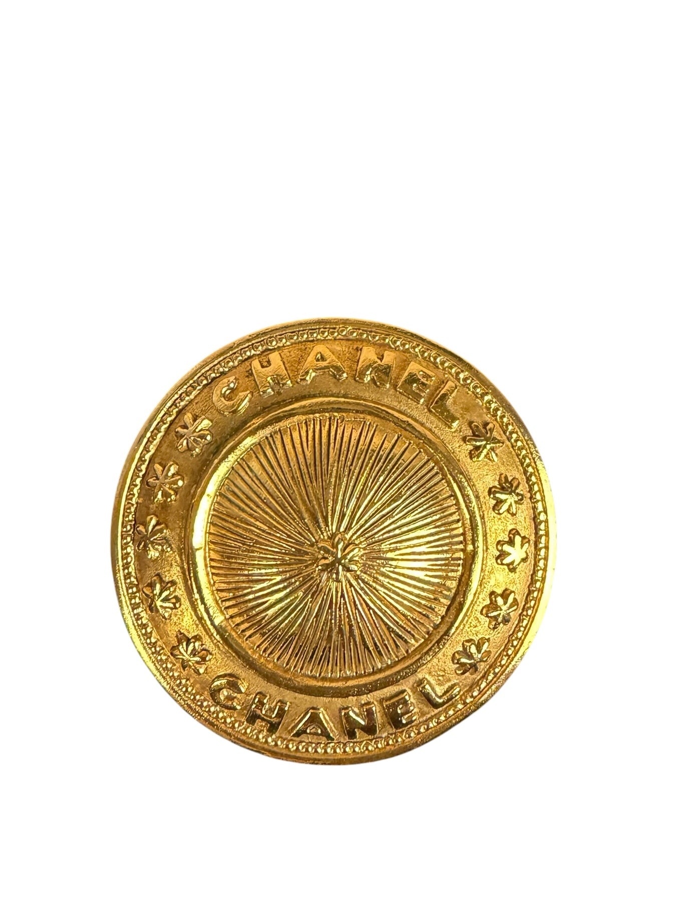 Chanel Vintage Gilded Sunburst Medalliion Button Brooch 1980s