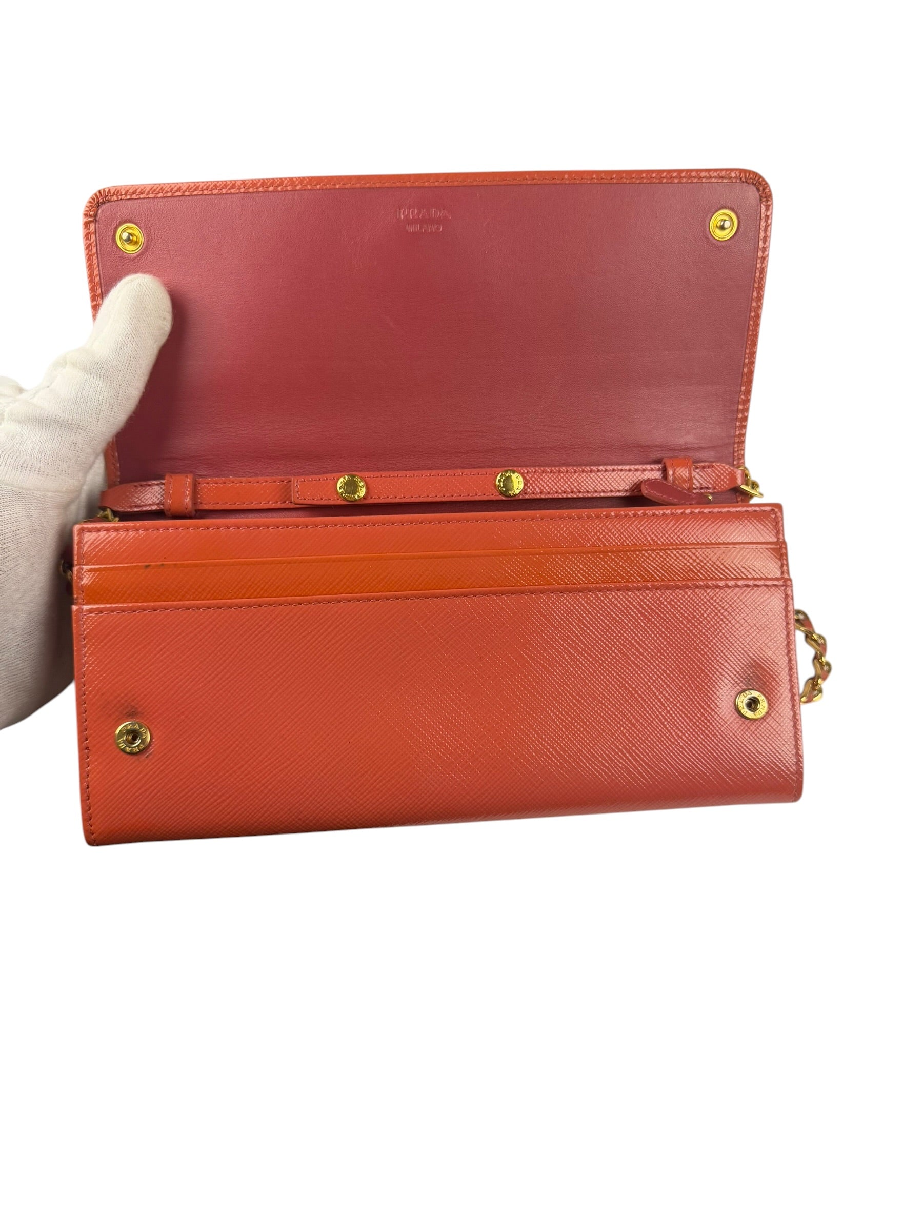Prada Coral-Red Saffiano Leather Wallet On Chain