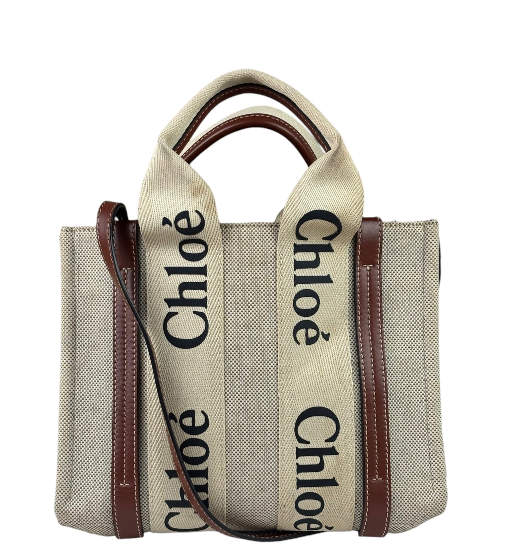 Chloe Beige/Brown Leather Trim Small Woody Two-Way Tote