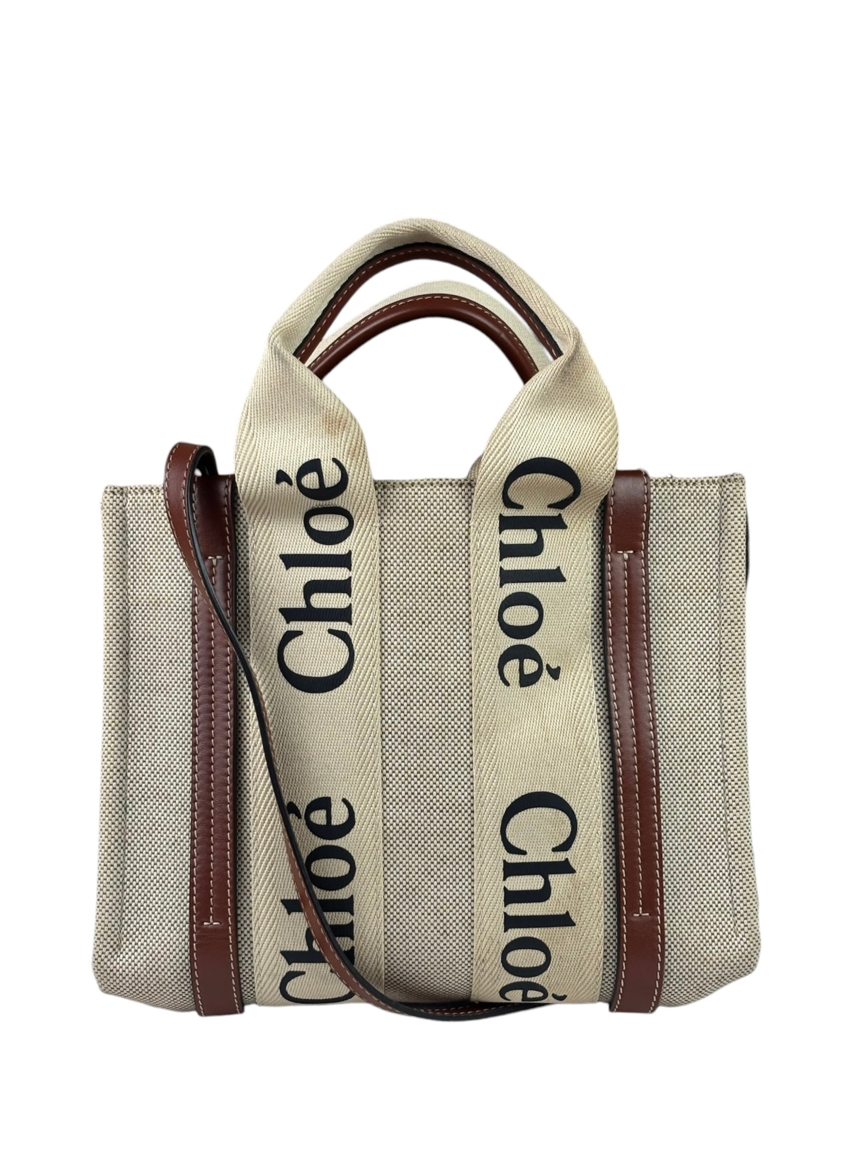 Chloe Beige/Brown Leather Trim Small Woody Two-Way Tote