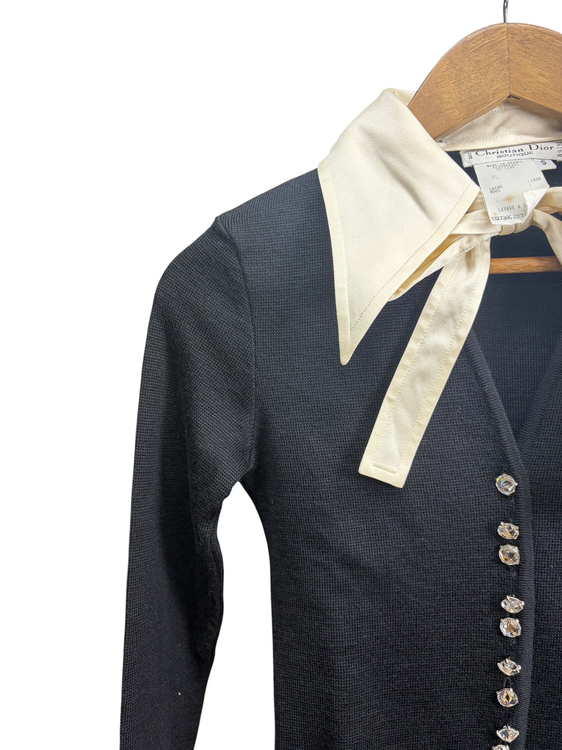 Christian Dior Black White Butterfly Collar Bow Tie Crystal Buttons Shirt