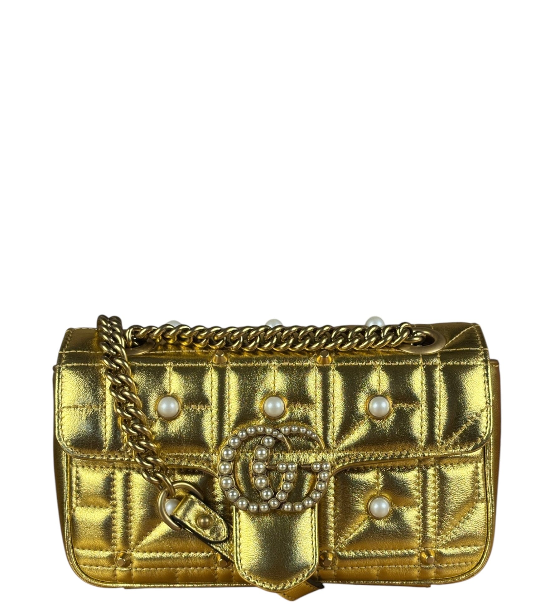 Gucci Gold GG Marmont Pearl Studded Mini Flap Bag