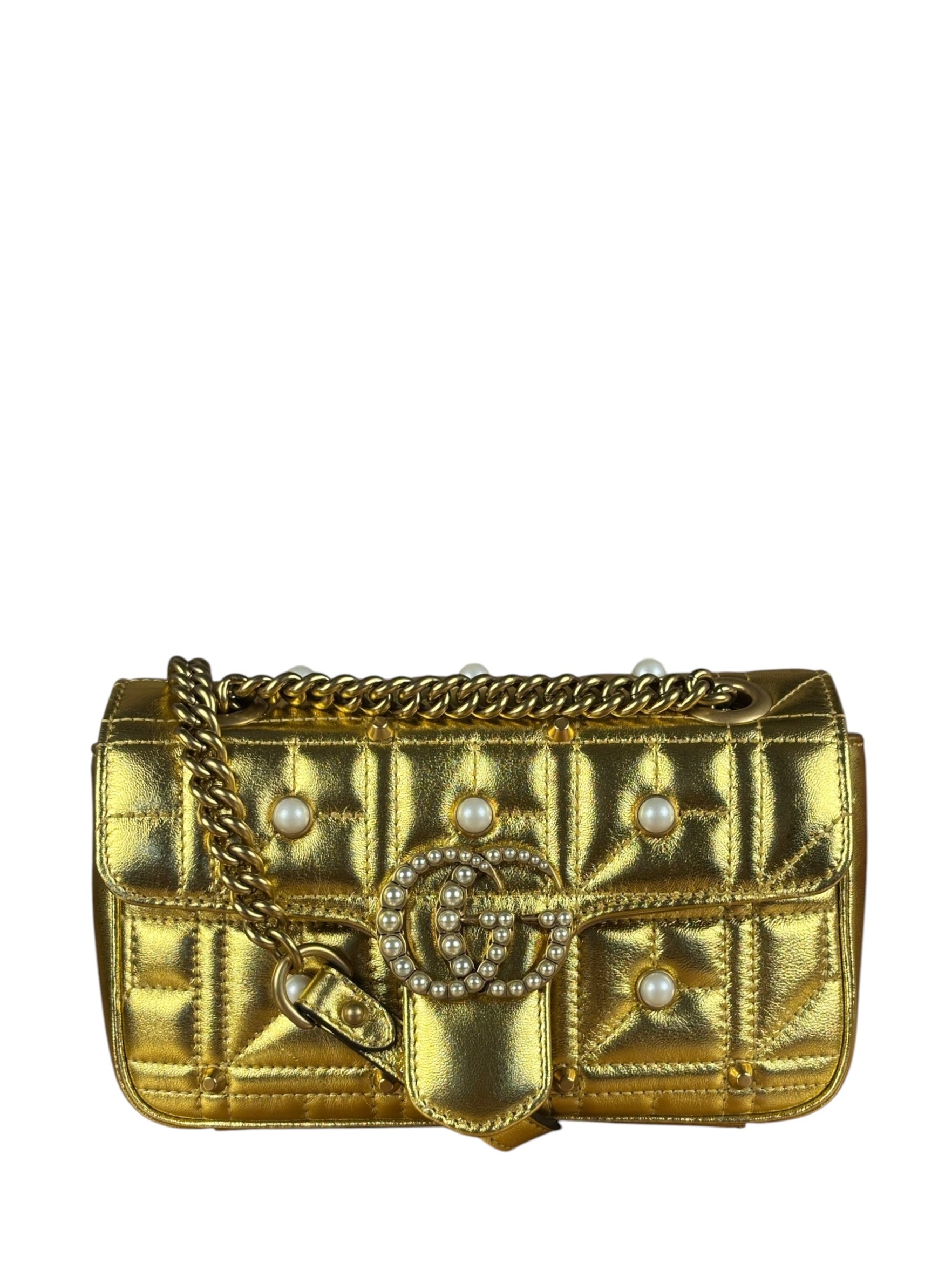 Gucci Gold GG Marmont Pearl Studded Mini Flap Bag