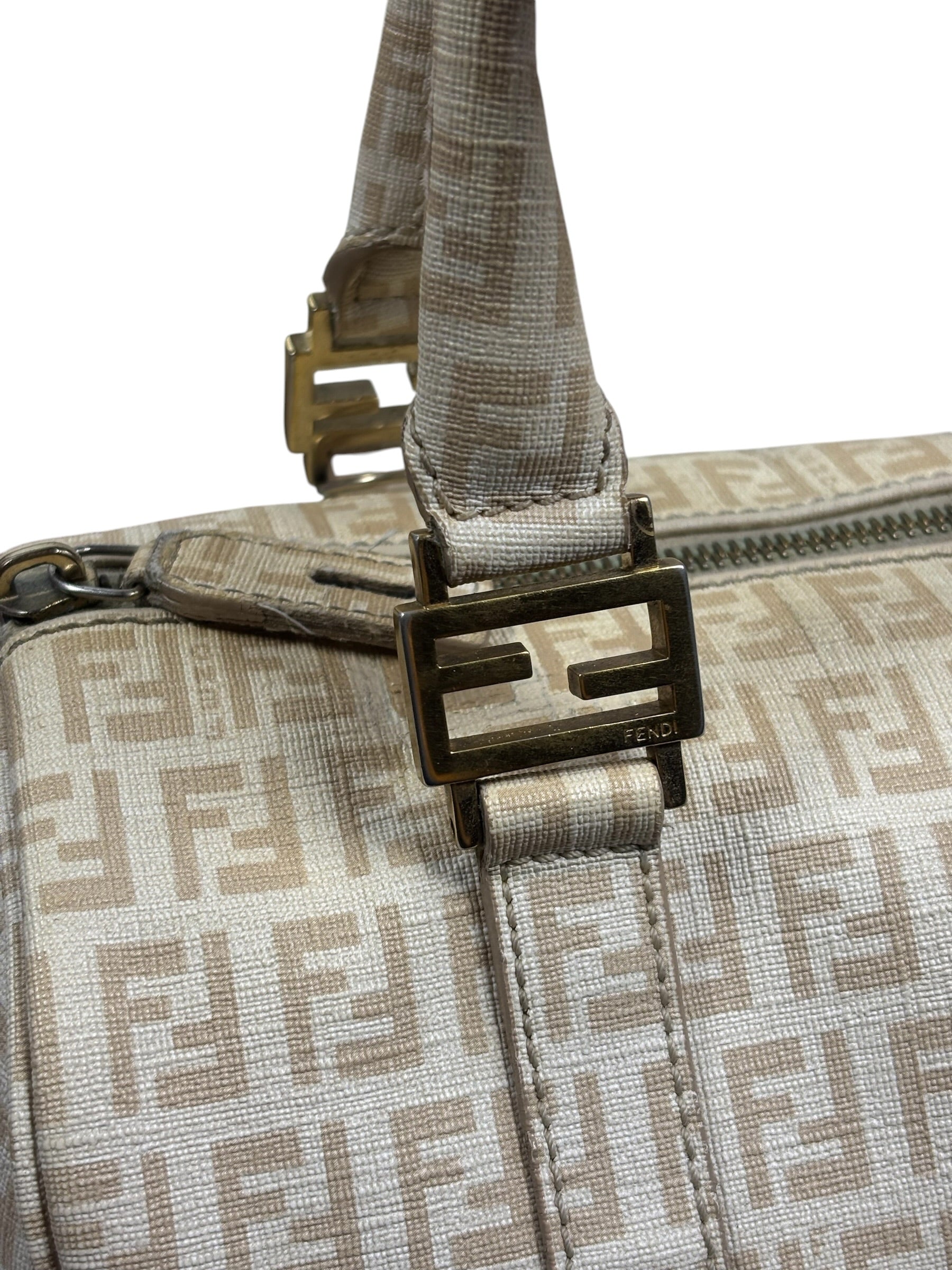 Fendi Beige Leather Trim Zucca Boston Bag
