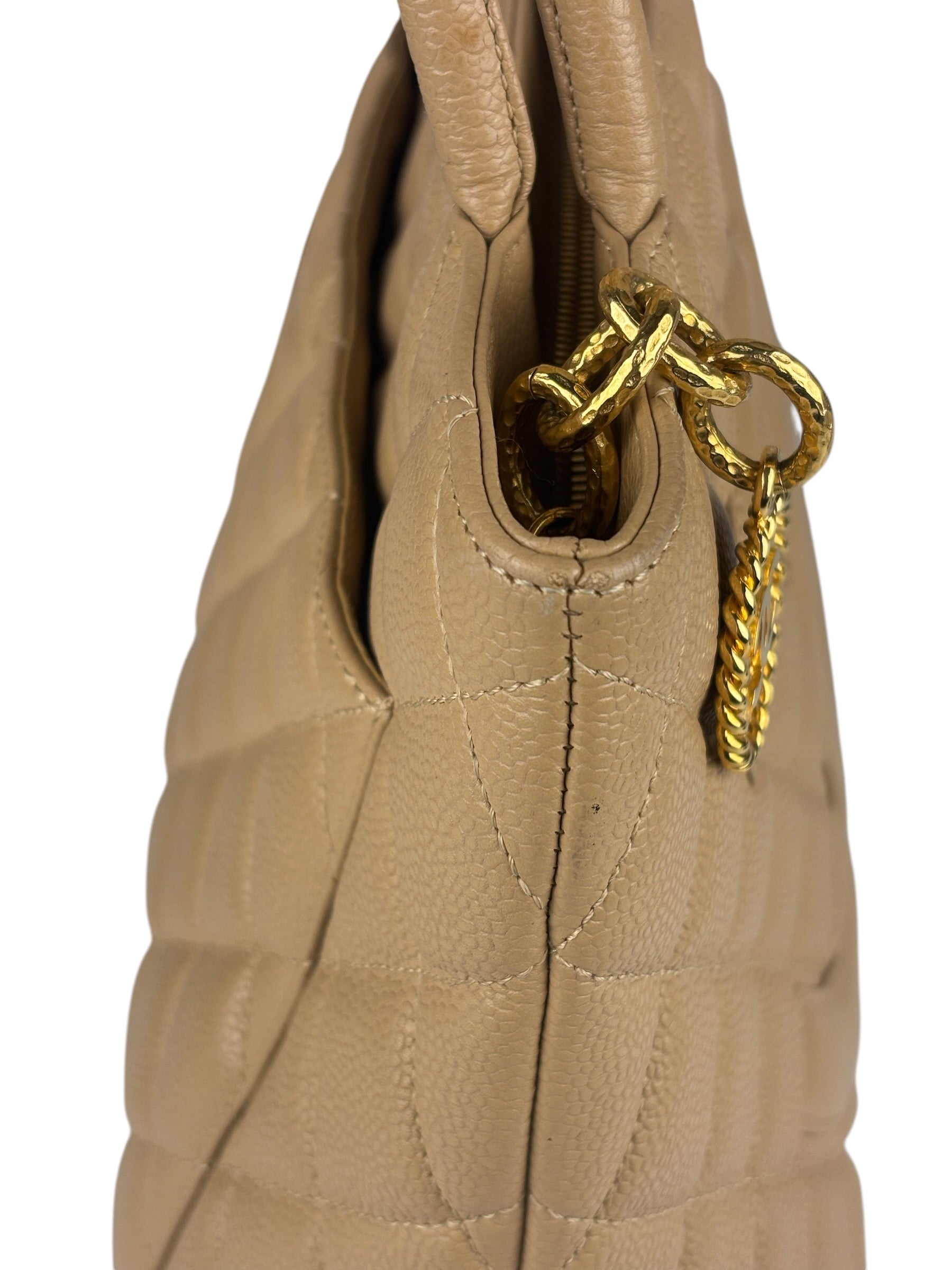 Chanel Vintage Beige Leather Diamond Quilted Medallion Tote Bag 2002