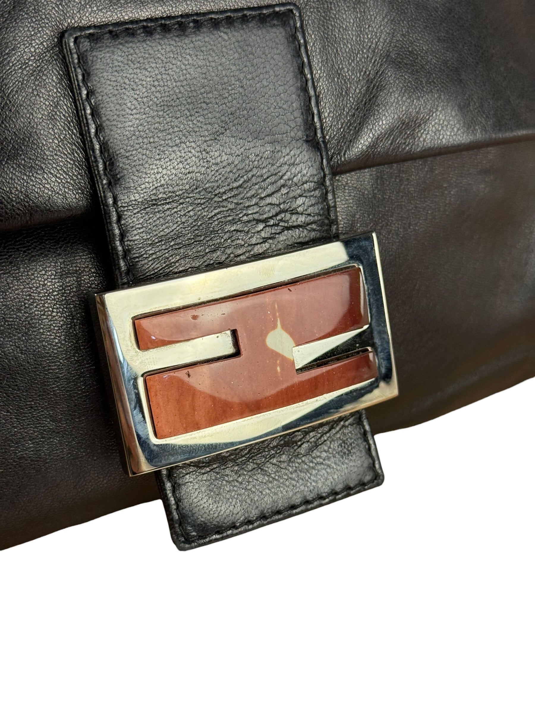 Fendi Vintage Black Leather Marble Buckle Baguette