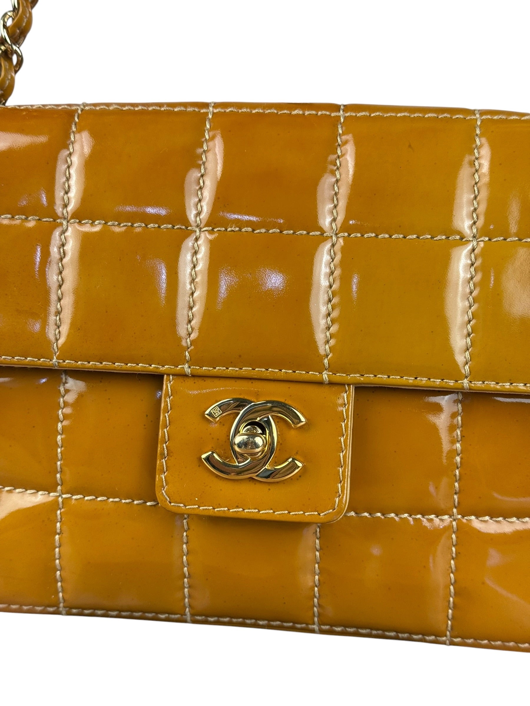 Chanel Gold Patent East West Stitch Flap Bag 2002
