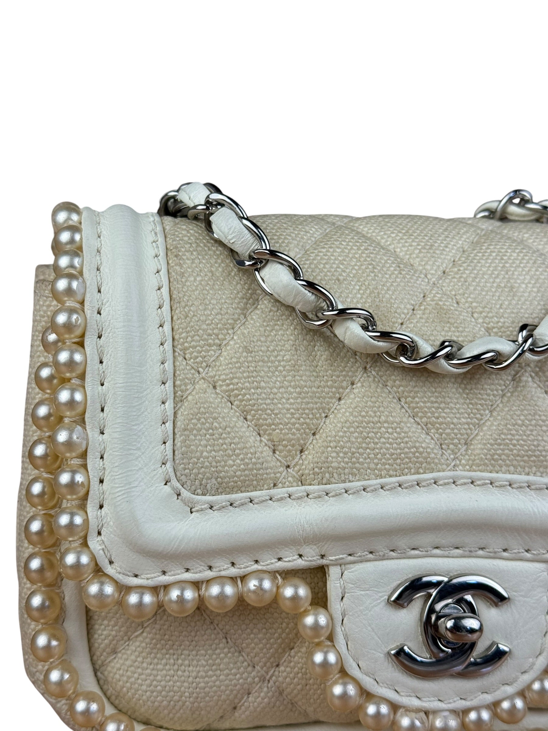 Chanel White Leather/Canvas Pearl Crossbody Flap 2003