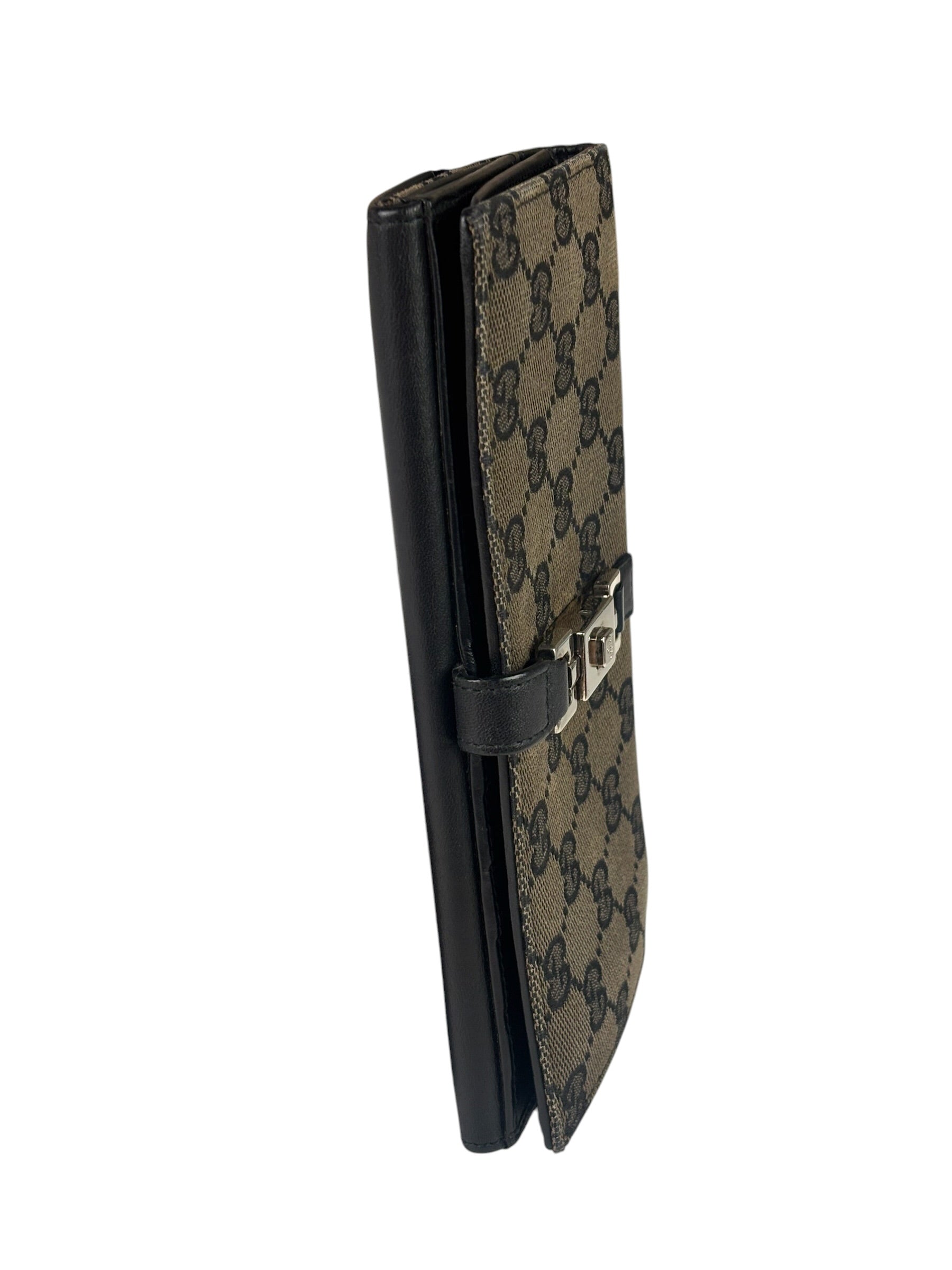 Gucci Black Leather Trim GG Flap Long Wallet