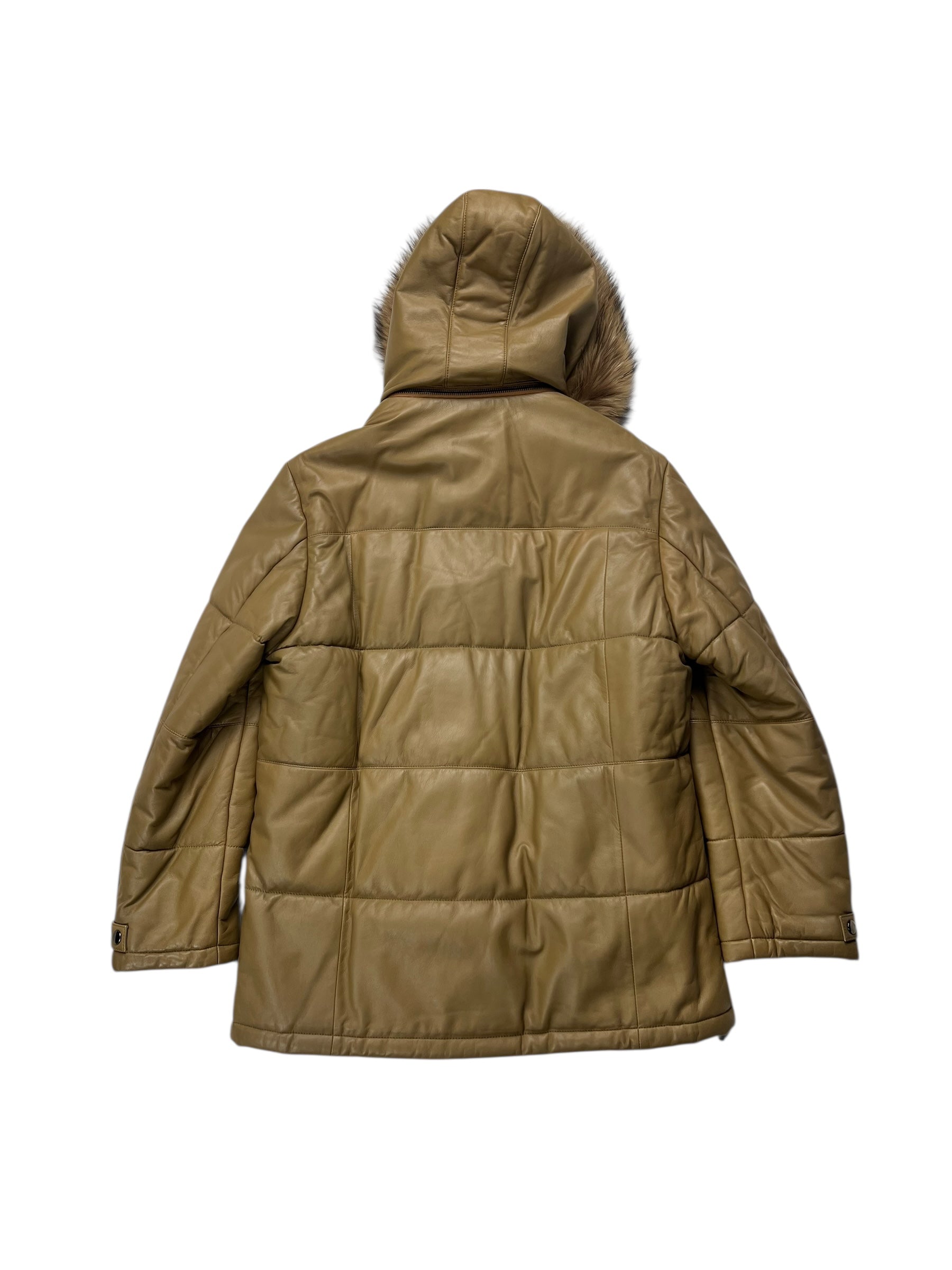 Balmain Beige Leather Puffer Fur Hooded Coat