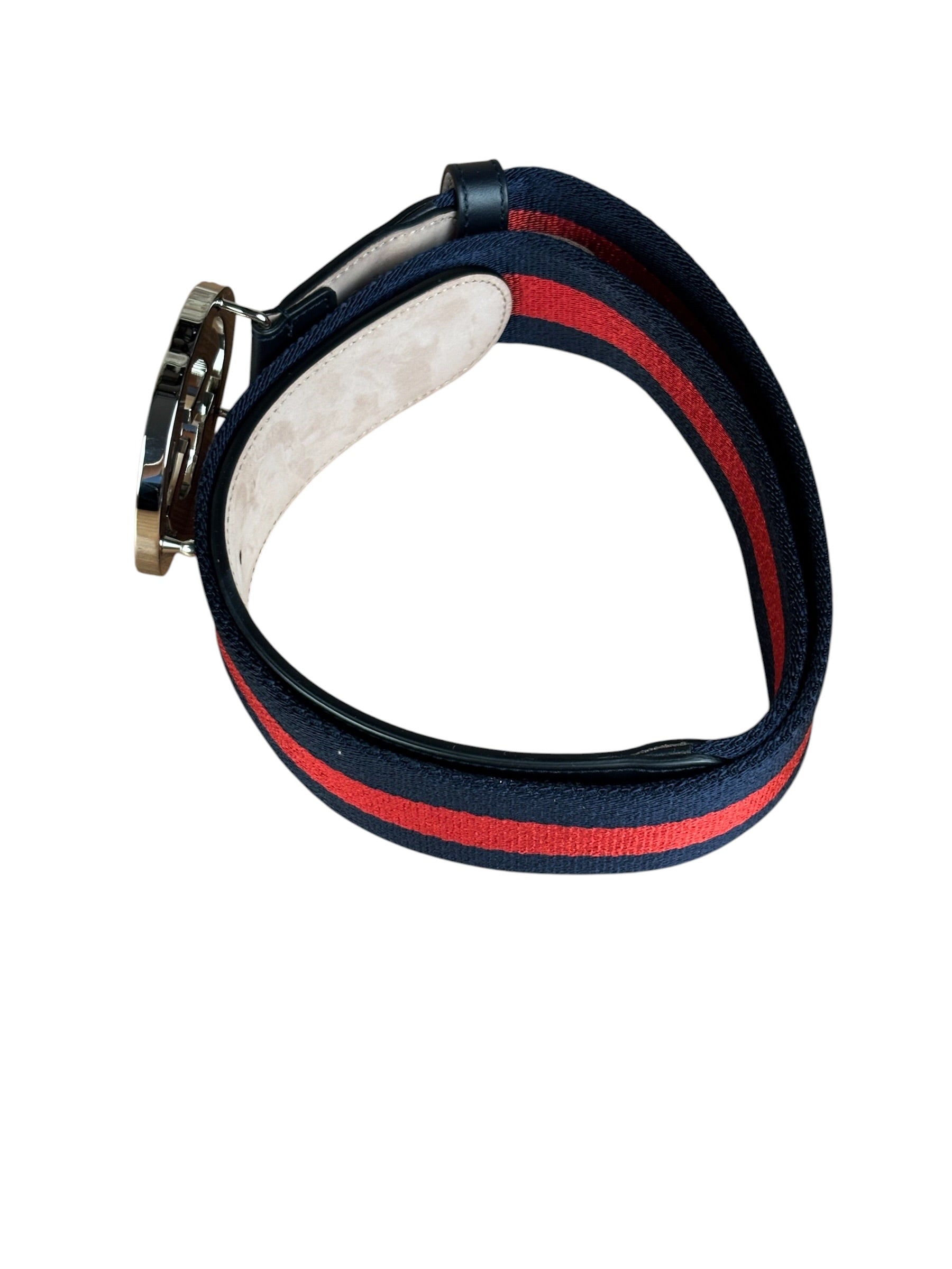 Gucci Navy Blue Leather Trim G Web Buckle Belt