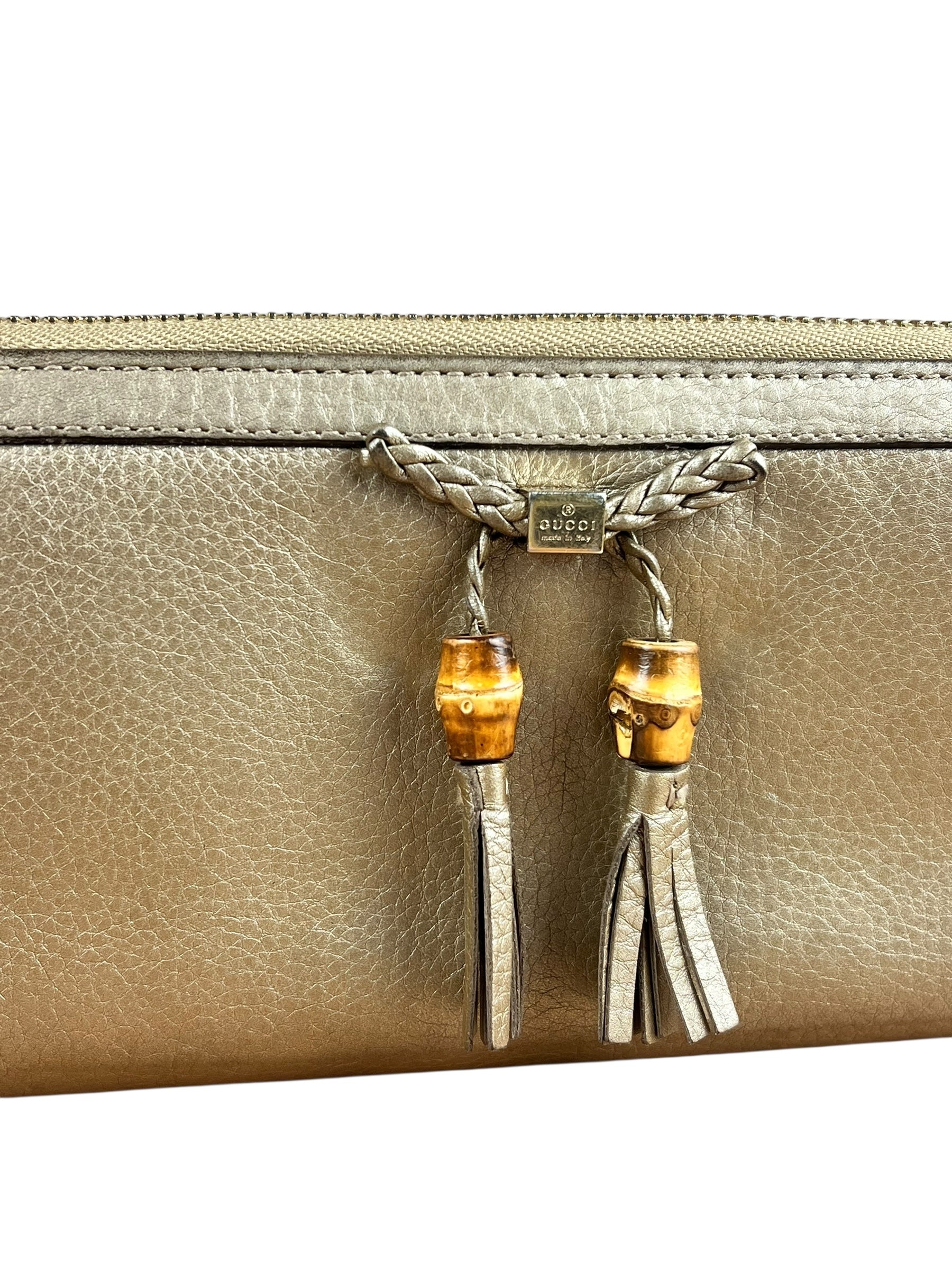 Gucci Bronze Metallic Leather Bamboo Long Zippy Wallet