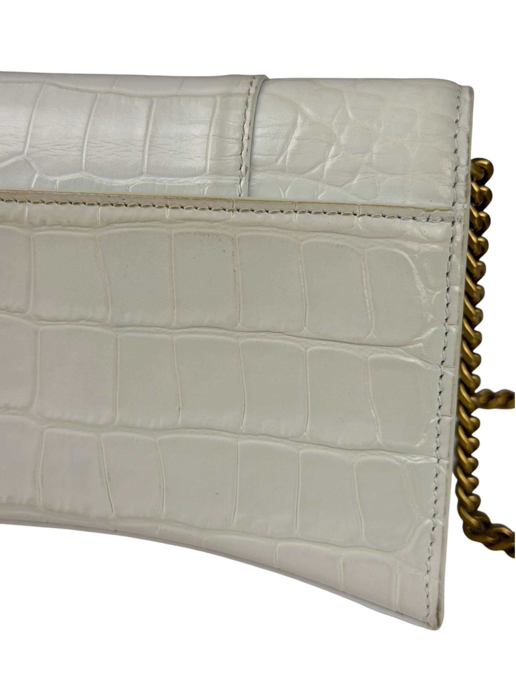 Balenciaga White Crocodile Embossed Hourglass Wallet On Chain