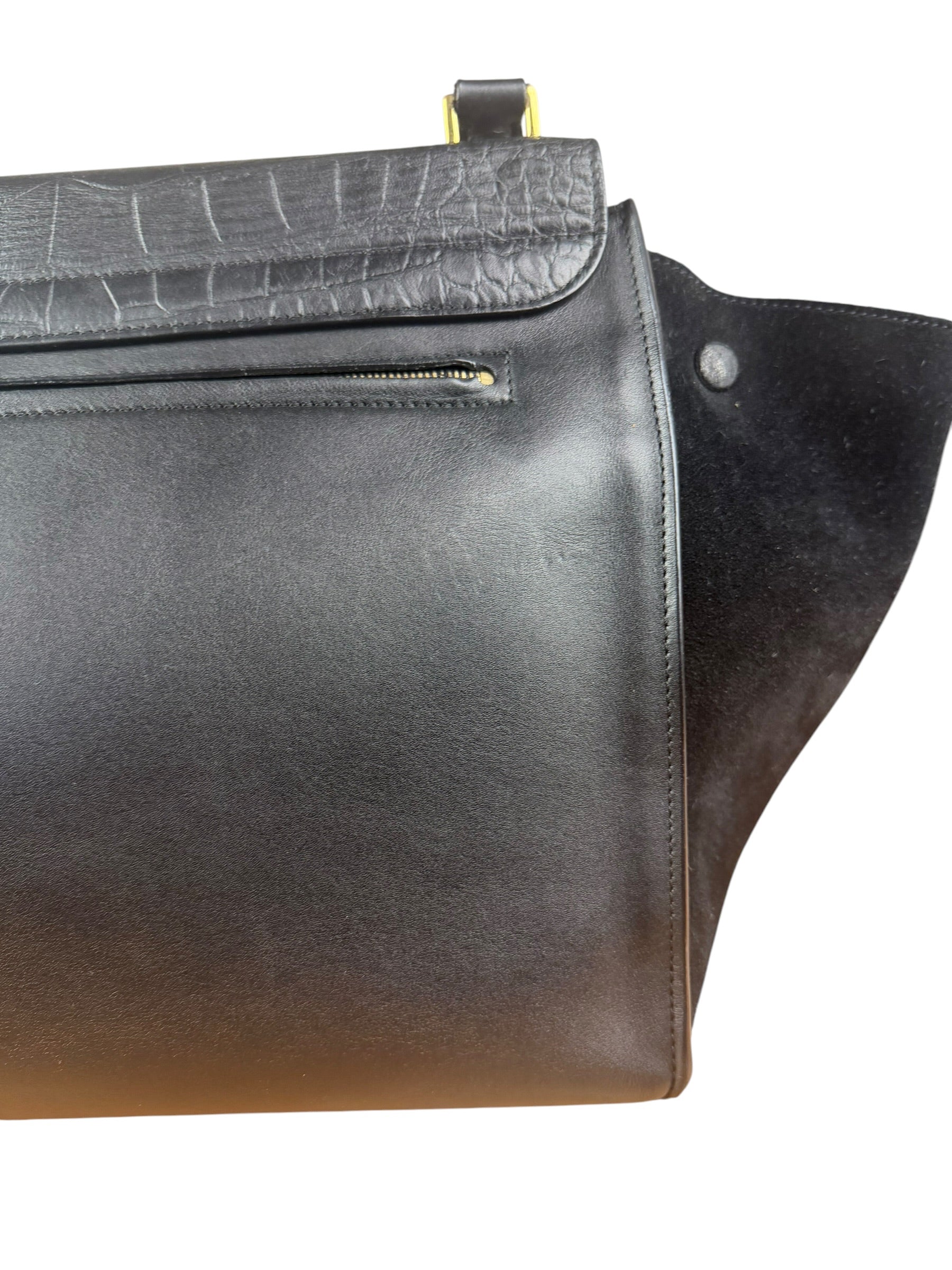 Celine Black Croc- Embossed Leather Trapeze Handbag