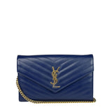 YSL Navy Blue Chevron Leather Cassandre Envelope Wallet On Chain