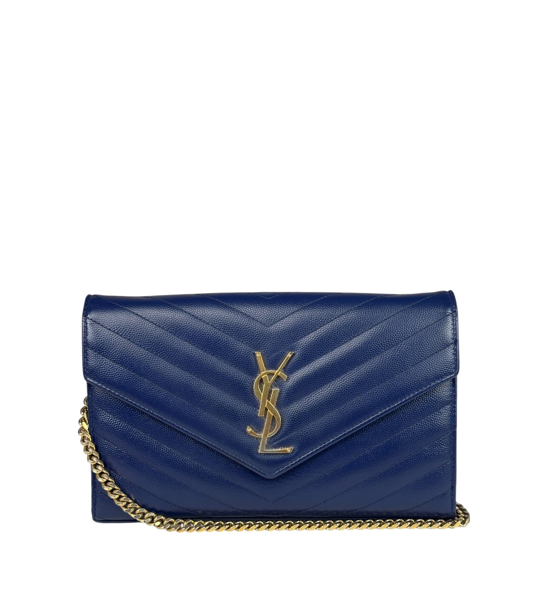 YSL Navy Blue Chevron Leather Cassandre Envelope Wallet On Chain