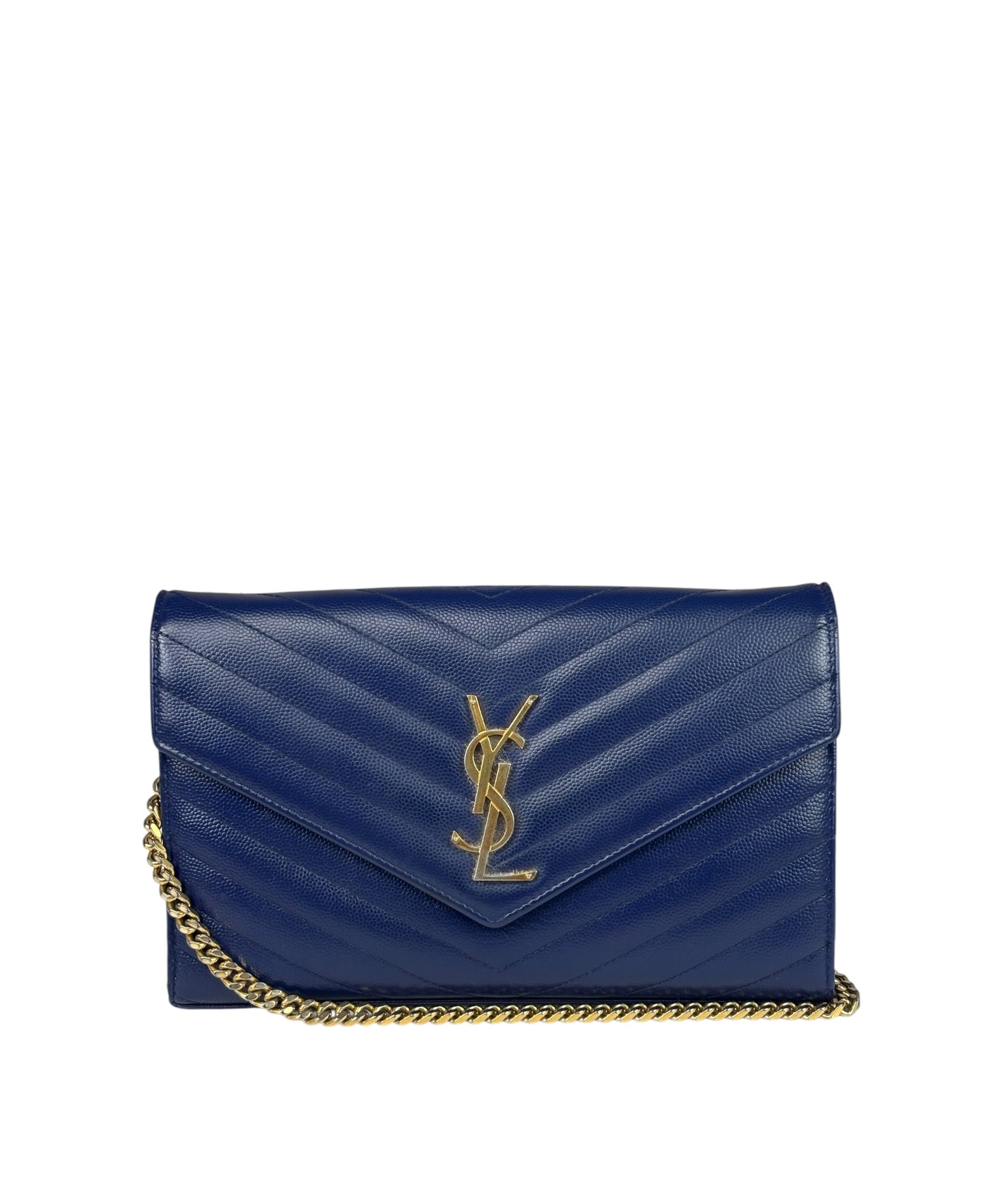 YSL Navy Blue Chevron Leather Cassandre Envelope Wallet On Chain