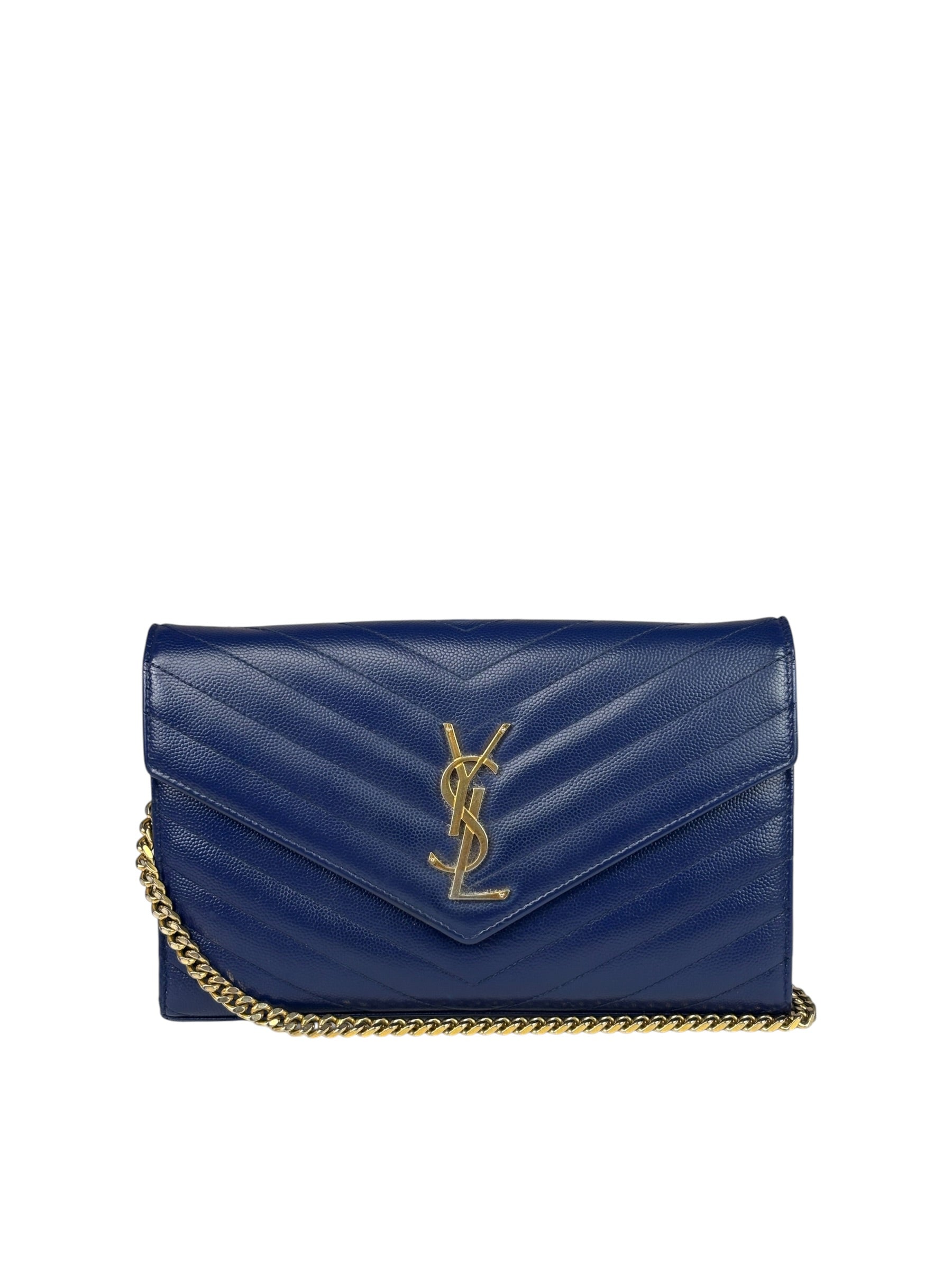 YSL Navy Blue Chevron Leather Cassandre Envelope Wallet On Chain