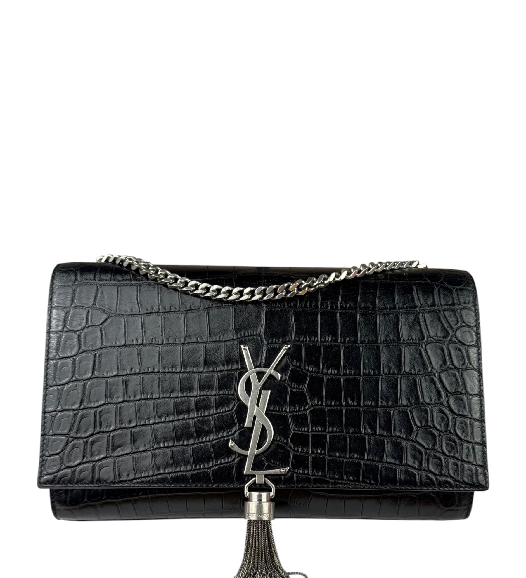 Yves Saint Laurent Black Croc-Embossed Calfskin Kate Tassel Shoulder Bag