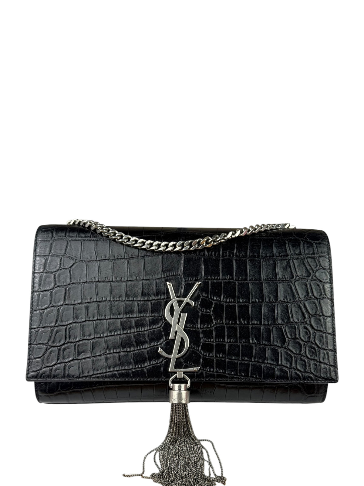 Yves Saint Laurent Black Croc-Embossed Calfskin Kate Tassel Shoulder Bag