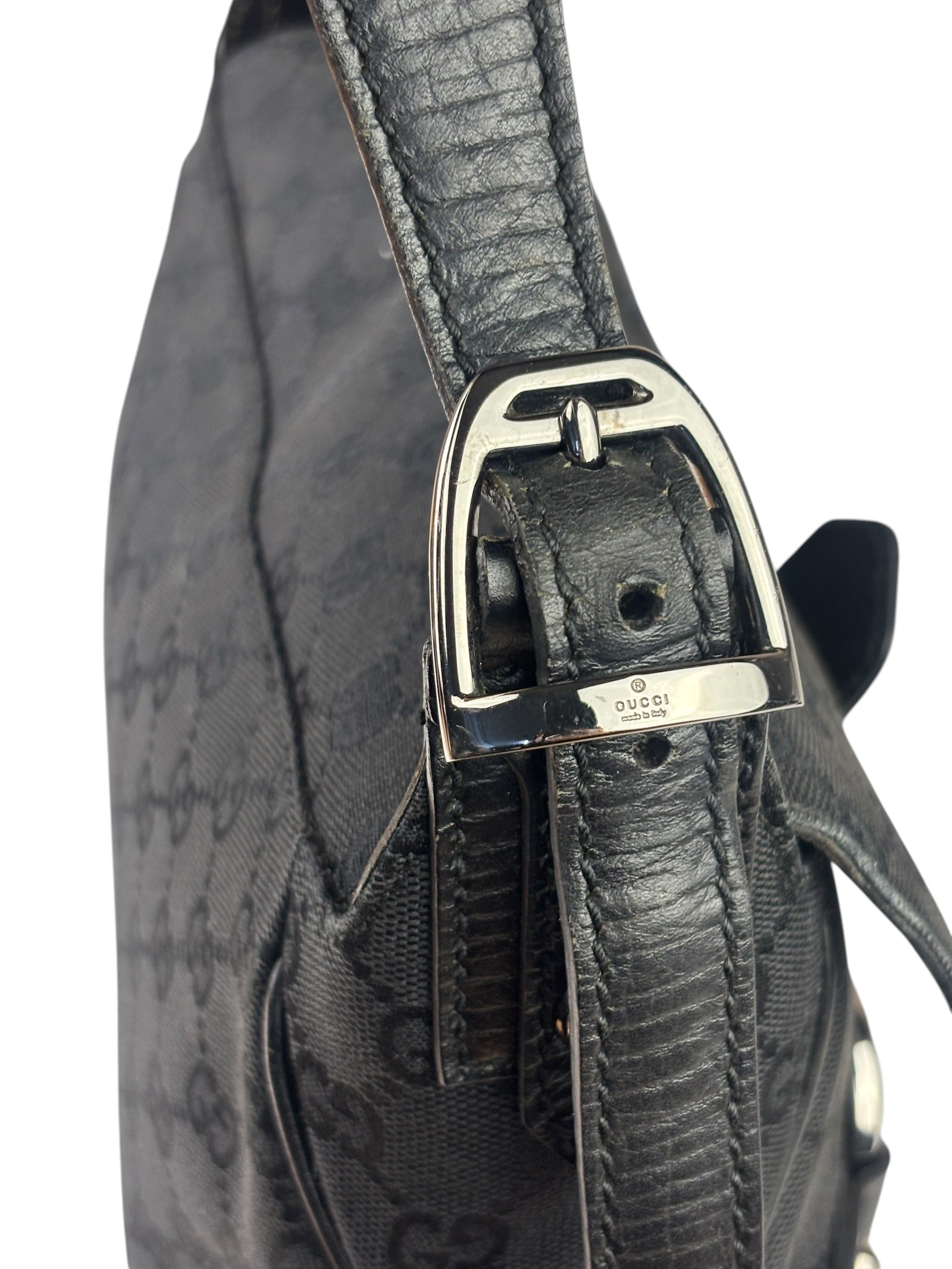 Gucci Black Leather Trim Horsebit GG Chain Shoulder Bag