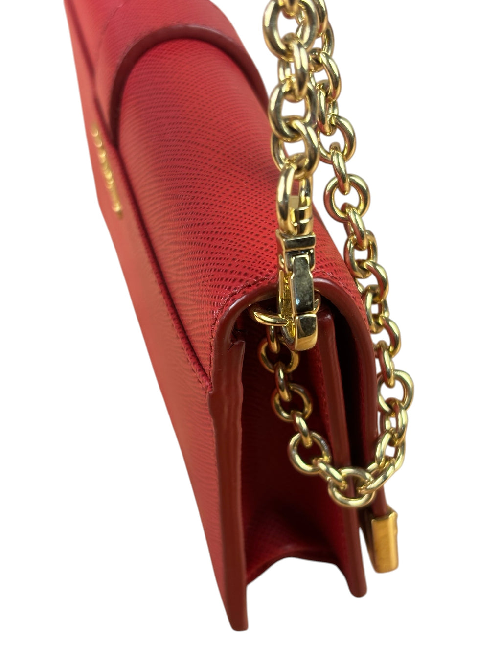 Prada Red Saffiano Leather Flap Wallet On Chain
