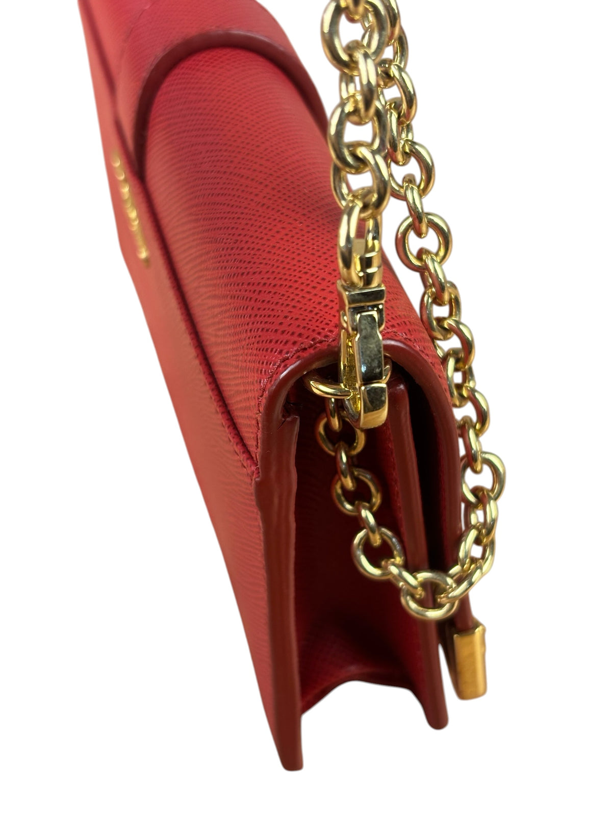 Prada Red Saffiano Leather Flap Wallet On Chain