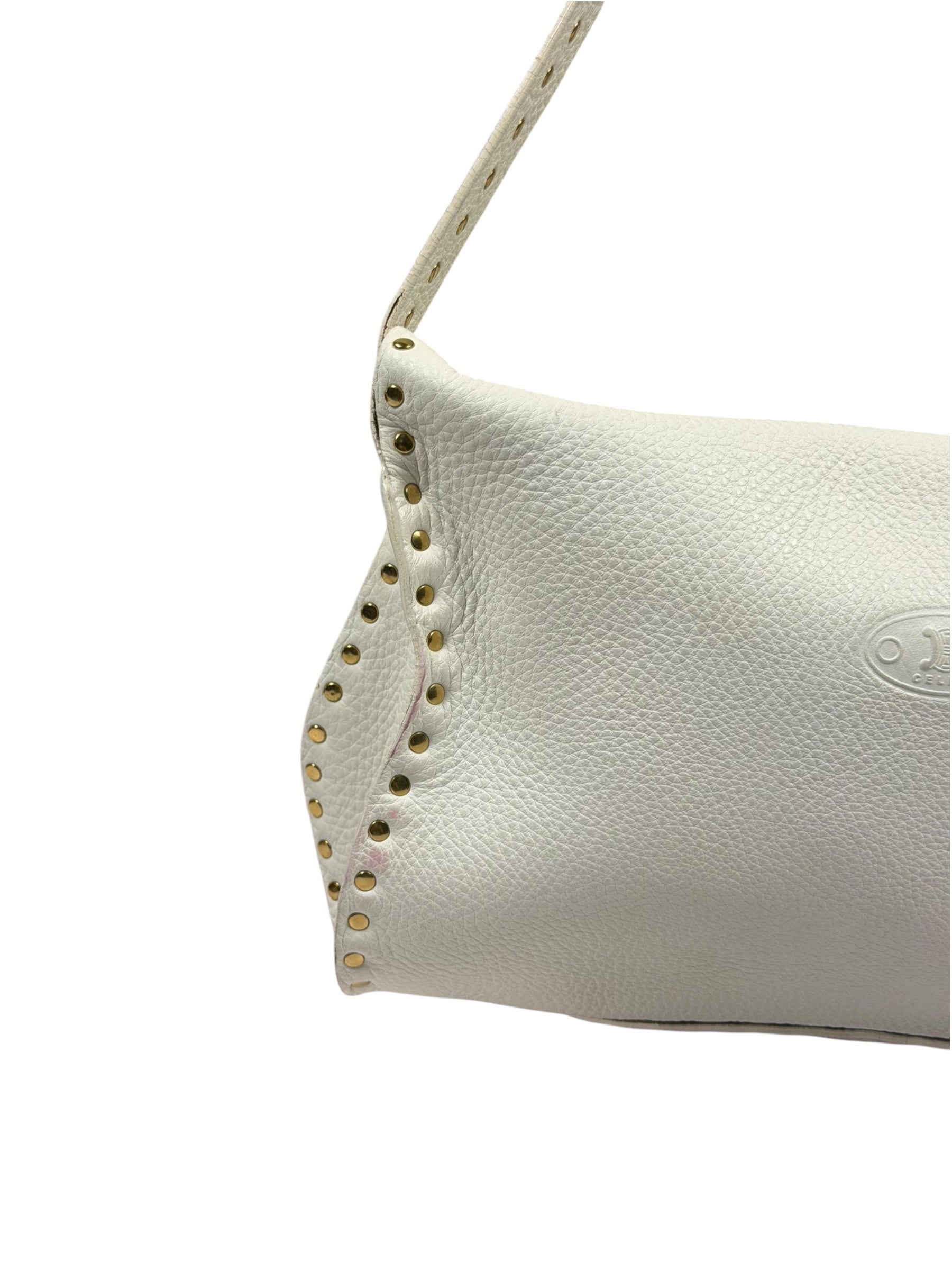 Celine White Grained Leather Studded Poultbot Shoulder Bag