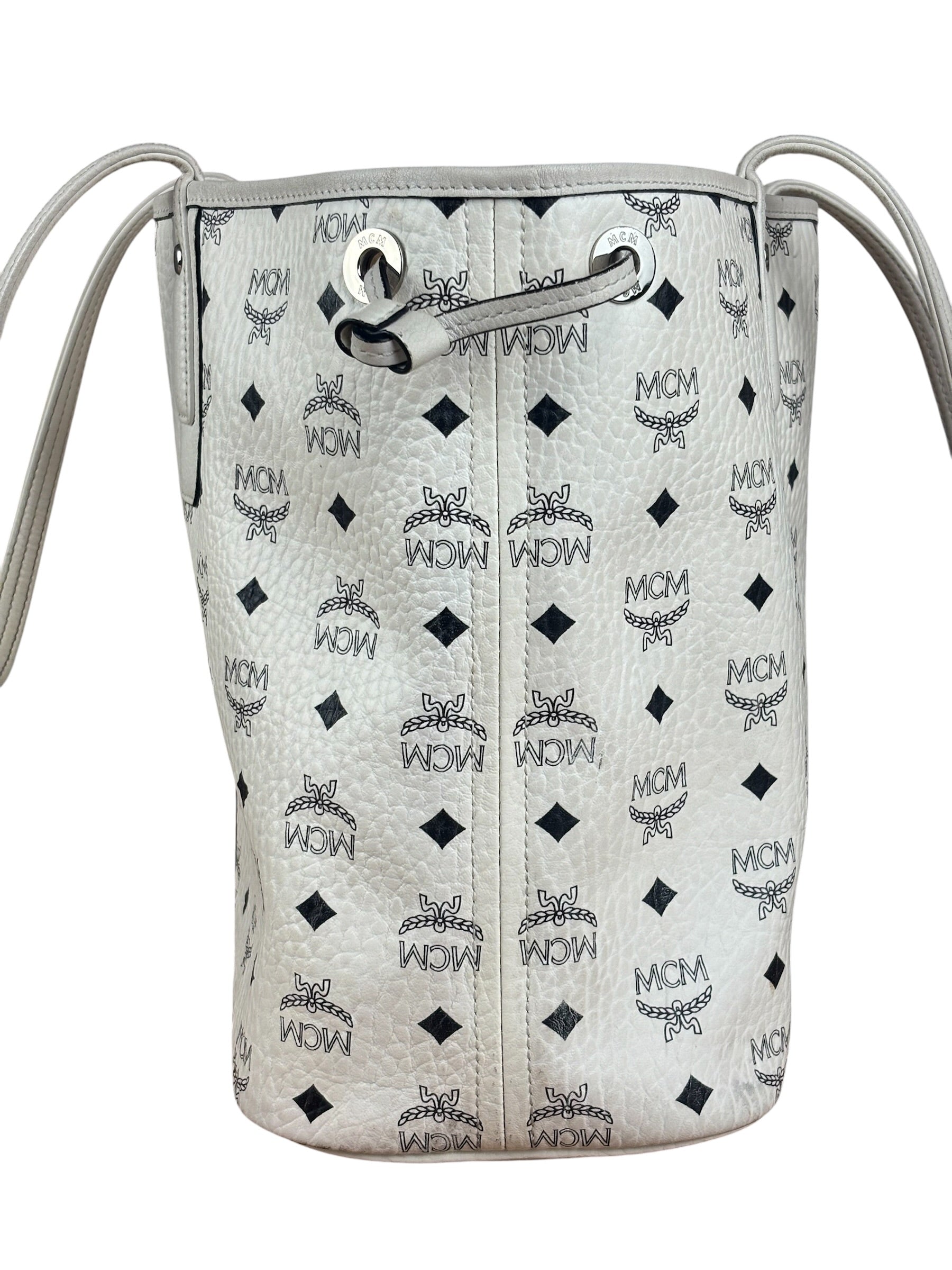 MCM White Leather Reversible Liz Shopper In Visetos Tote Bag
